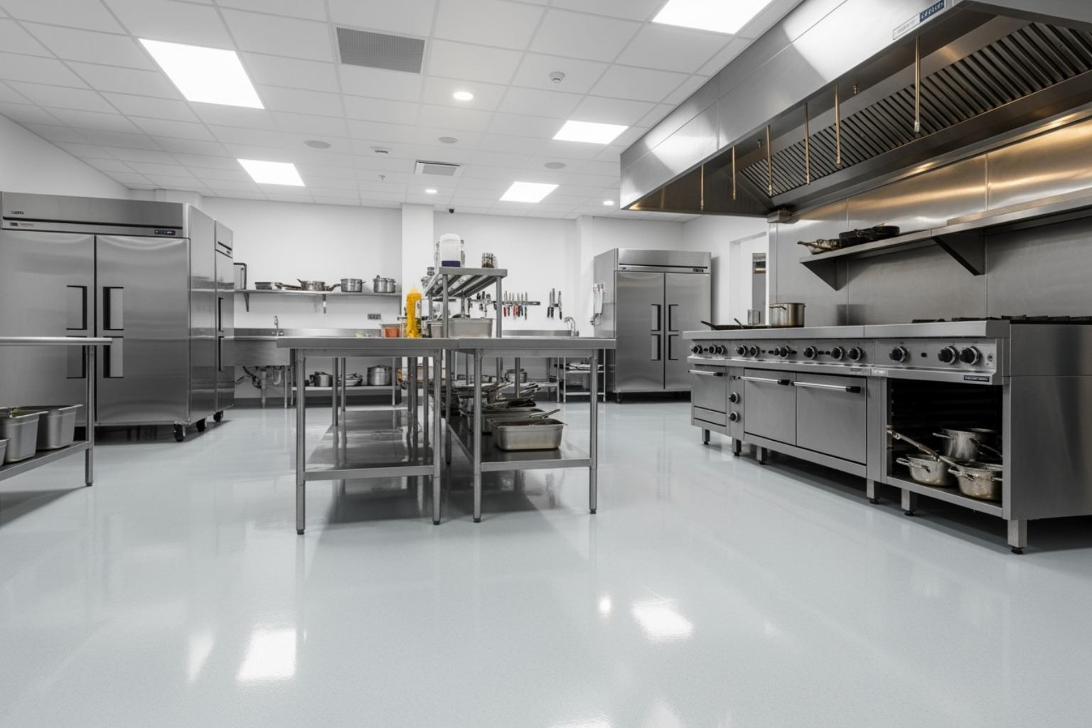 Bright, durable polyaspartic floor in a commercial kitchen, installed by Galaxy Concrete Coatings. - Commercial kitchen floors Bright, durable polyaspartic floor in a commercial kitchen, installed by Galaxy Concrete Coatings. - Commercial kitchen floors