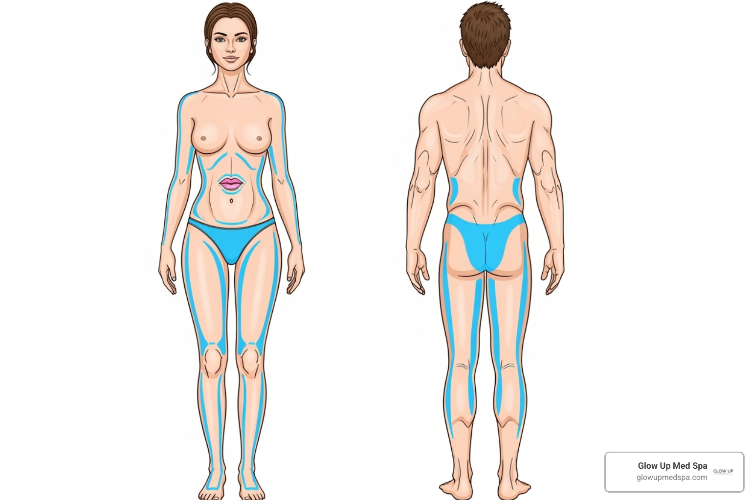 Diagram showing common laser hair removal treatment areas for men and women - laser hair removal newport beach