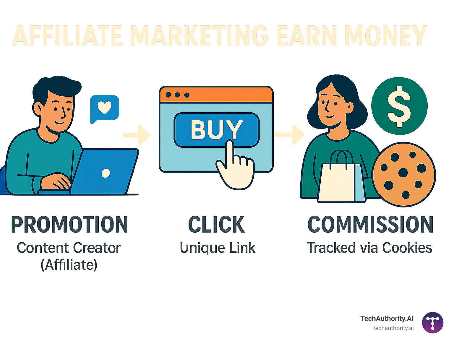 Infographic illustrating the affiliate marketing process: a content creator (affiliate) promotes a product or service (merchant) using a unique link; when a customer clicks the link and makes a purchase, the affiliate earns a commission, tracked via cookies - affiliate marketing earn money infographic Infographic illustrating the affiliate marketing process: a content creator (affiliate) promotes a product or service (merchant) using a unique link; when a customer clicks the link and makes a purchase, the affiliate earns a commission, tracked via cookies - affiliate marketing earn money infographic