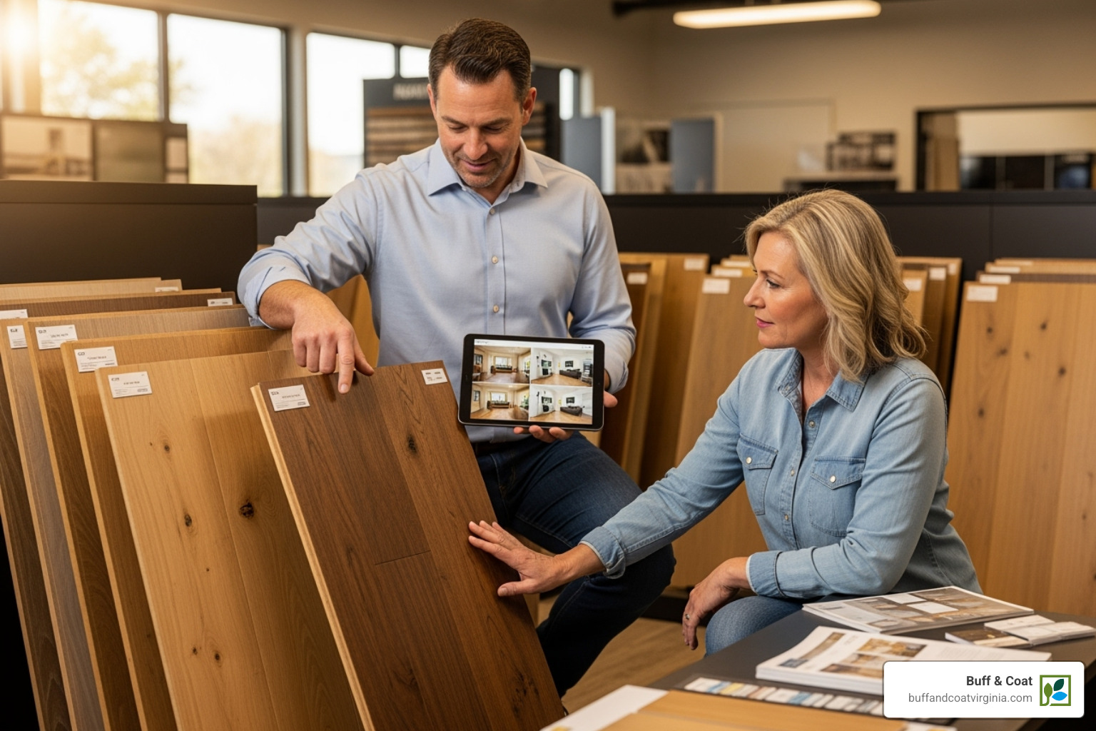 flooring professional consulting with a homeowner in a showroom - flooring midlothian va flooring professional consulting with a homeowner in a showroom - flooring midlothian va