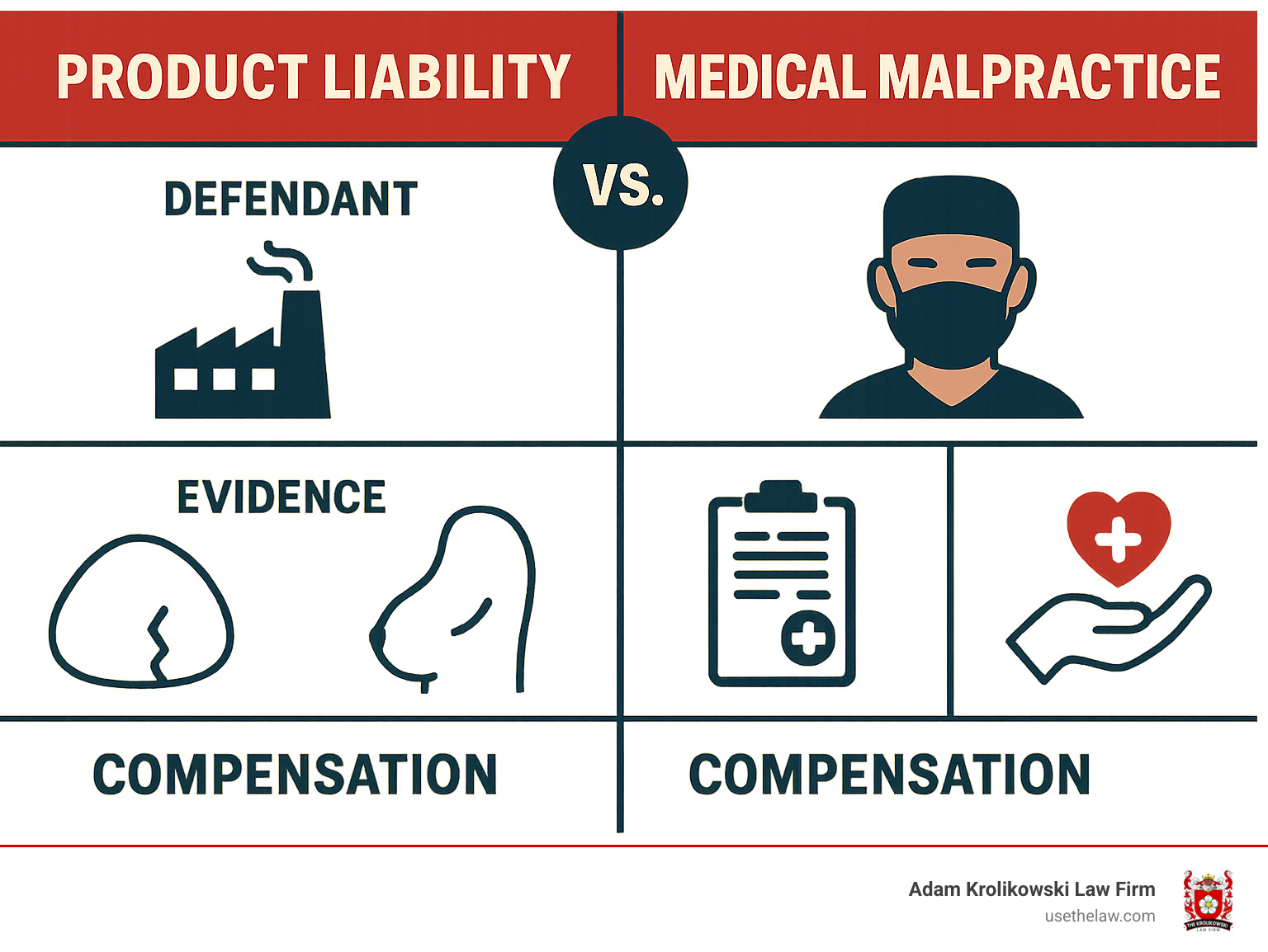 Infographic showing the key differences between product liability claims against implant manufacturers for defective devices versus medical malpractice claims against surgeons for surgical errors, including typical defendants, evidence needed, and types of compensation available in breast implant cases - breast implant lawyer infographic 