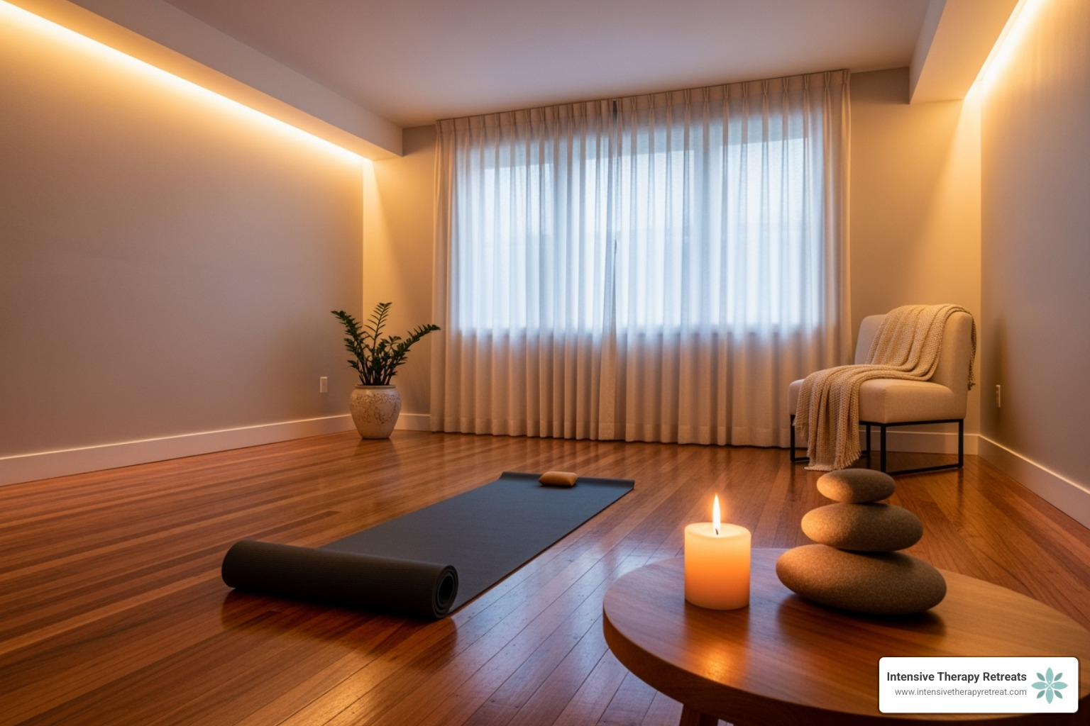 A calm, prepared space with a yoga mat, soft lighting, and a candle - Self energy healing