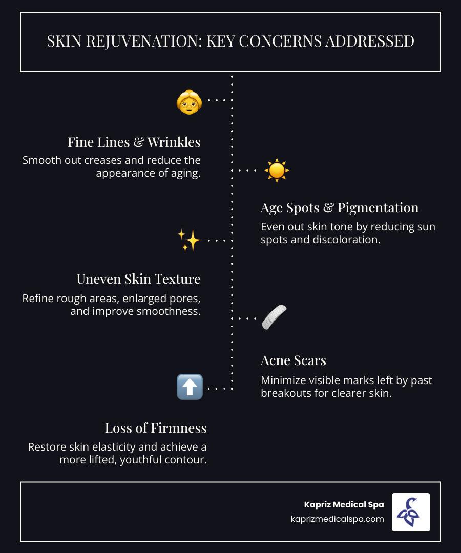 Infographic showing the definition of skin rejuvenation, its purpose, and a list of common skin concerns it addresses, such as wrinkles, sun spots, acne scars, uneven texture, and loss of collagen. - skin rejuvenation treatments infographic infographic-line-5-steps-dark Infographic showing the definition of skin rejuvenation, its purpose, and a list of common skin concerns it addresses, such as wrinkles, sun spots, acne scars, uneven texture, and loss of collagen. - skin rejuvenation treatments infographic infographic-line-5-steps-dark