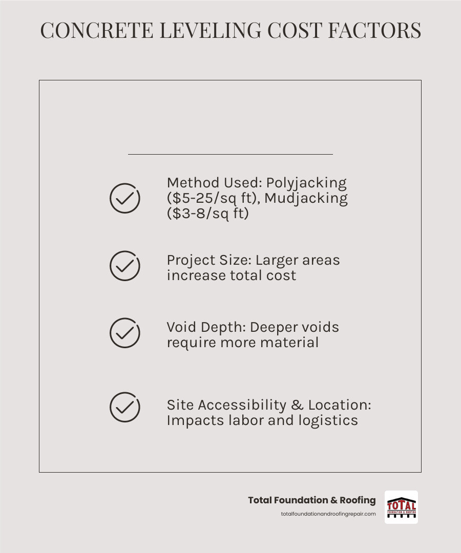 Infographic showing cost comparison of concrete leveling methods and factors influencing price - concrete leveling services infographic checklist-light-beige
