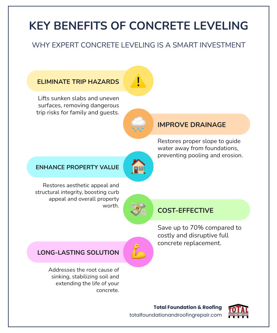 Infographic detailing the benefits of concrete leveling: Eliminates trip hazards, prevents pooling water, restores appearance, cost-effective alternative to replacement, and extends concrete lifespan. - concrete leveling services infographic infographic-line-5-steps-colors