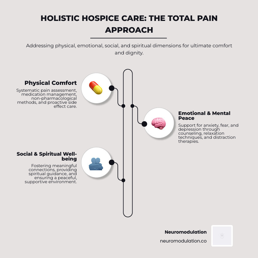 Infographic summarizing the holistic approach to hospice care, showing interconnected circles for physical, emotional, social, and spiritual well-being, all contributing to comfort and dignity. - hospice pain management algorithm infographic infographic-line-3-steps-neat_beige