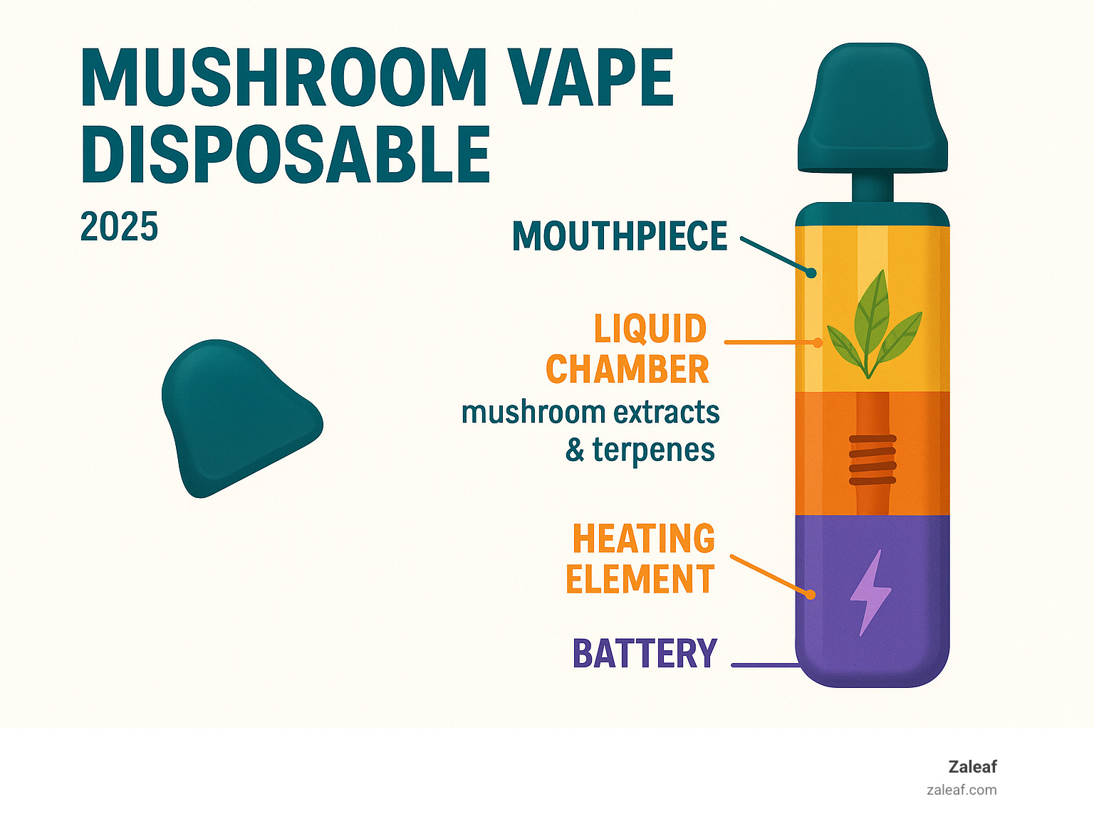 Detailed breakdown of mushroom vape disposable components showing battery compartment, heating element, mouthpiece, and liquid chamber containing mushroom extracts and terpenes - mushroom vape disposable infographic 