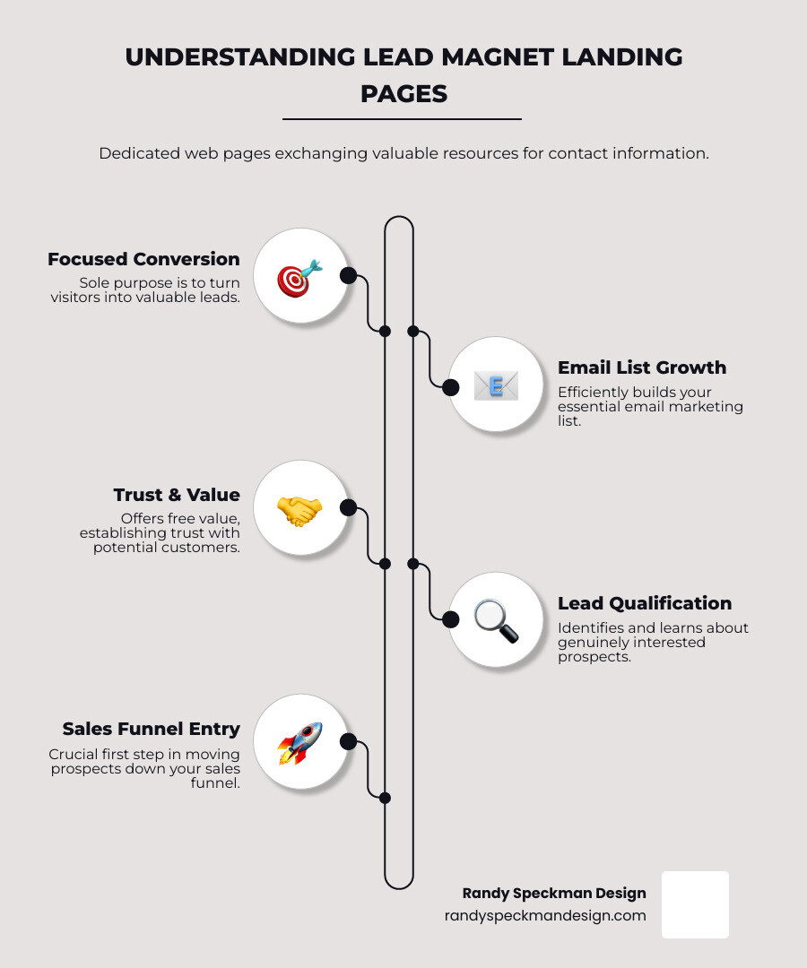 Infographic: What is a Lead Magnet Landing Page? A dedicated web page offering a free, valuable resource (lead magnet) in exchange for contact information. Why essential? Boosts email lists, qualifies leads, builds trust, and drives conversions. - lead magnet landing pages infographic infographic-line-5-steps-neat_beige