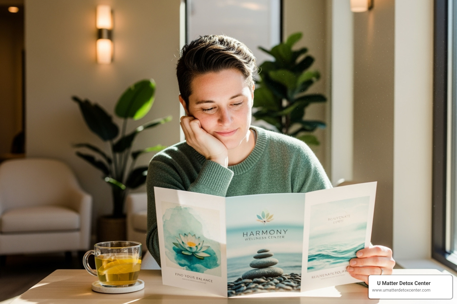 A person looking thoughtfully at a brochure for a wellness center - holistic and wellness center