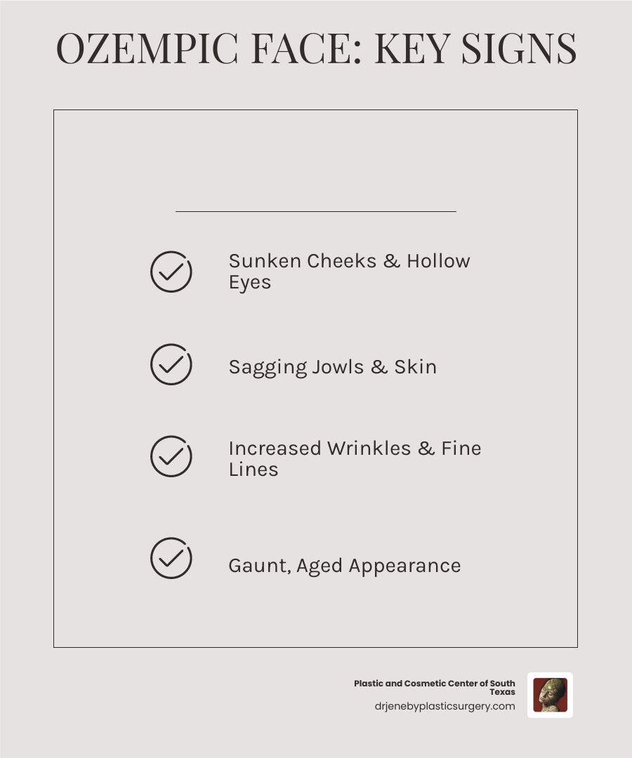 Key characteristics of "Ozempic face" such as sunken cheeks, jowls, and wrinkles. - what is ozempic face infographic checklist-light-beige Key characteristics of "Ozempic face" such as sunken cheeks, jowls, and wrinkles. - what is ozempic face infographic checklist-light-beige