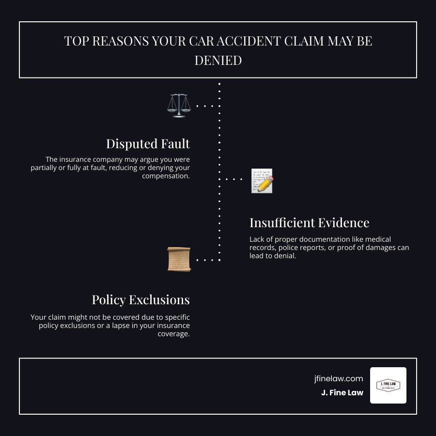 Infographic explaining the top 5 reasons insurance companies deny car accident claims - car accident insurance lawyer infographic infographic-line-3-steps-dark