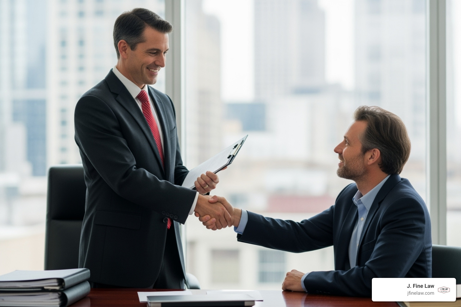 A confident lawyer shaking hands with a relieved client - car accident insurance lawyer