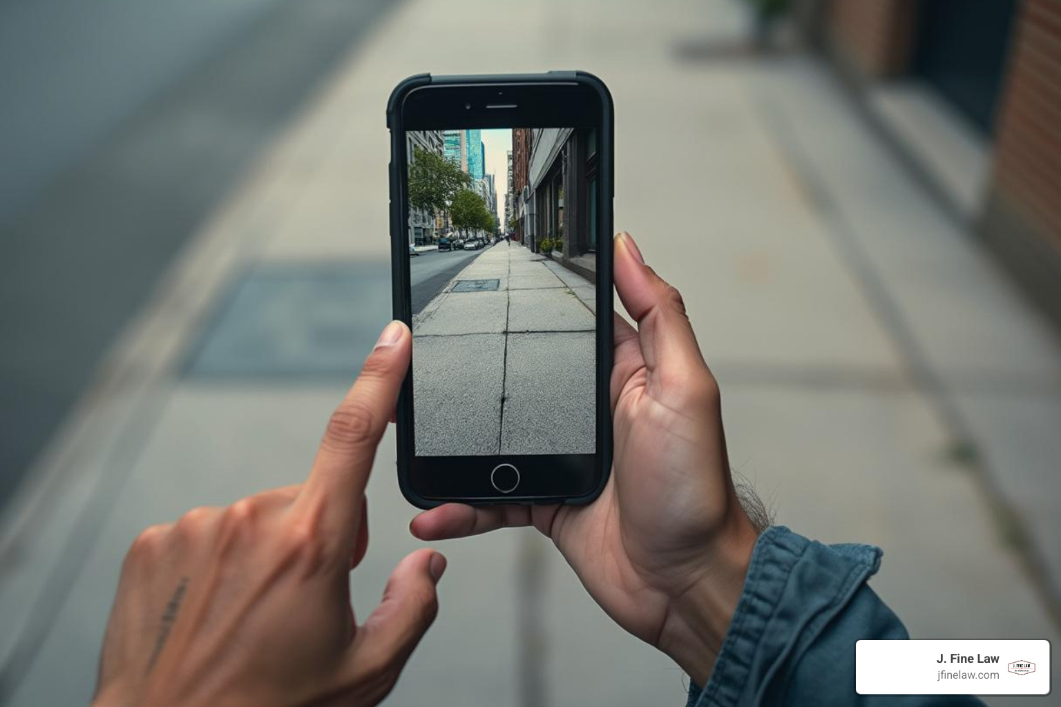 smartphone taking picture of cracked sidewalk - slip and fall attorneys