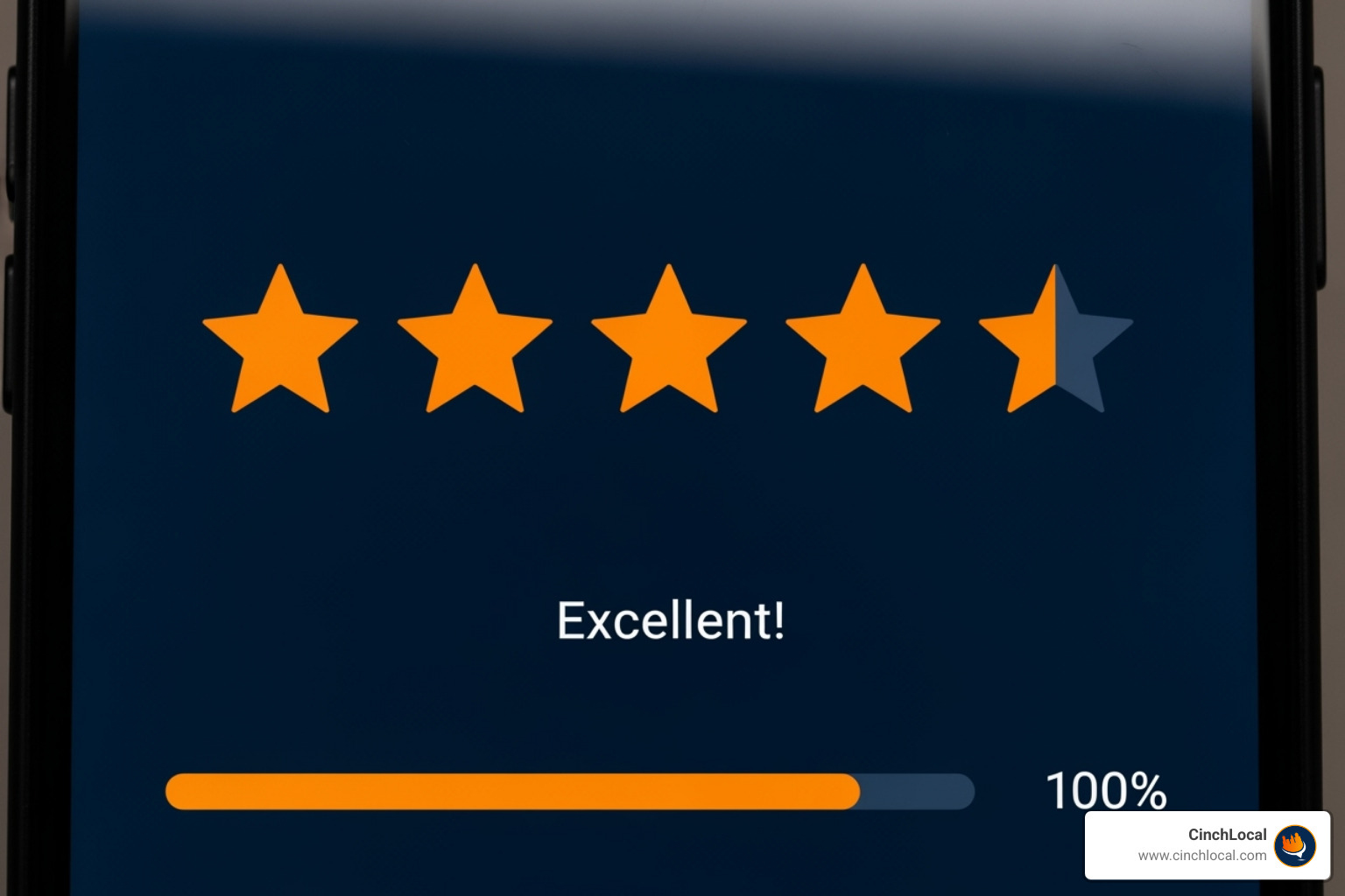 Image showing a 5-star review on a smartphone screen, with color scheme #002f52 and #ff7e29 - seo services for roofing company