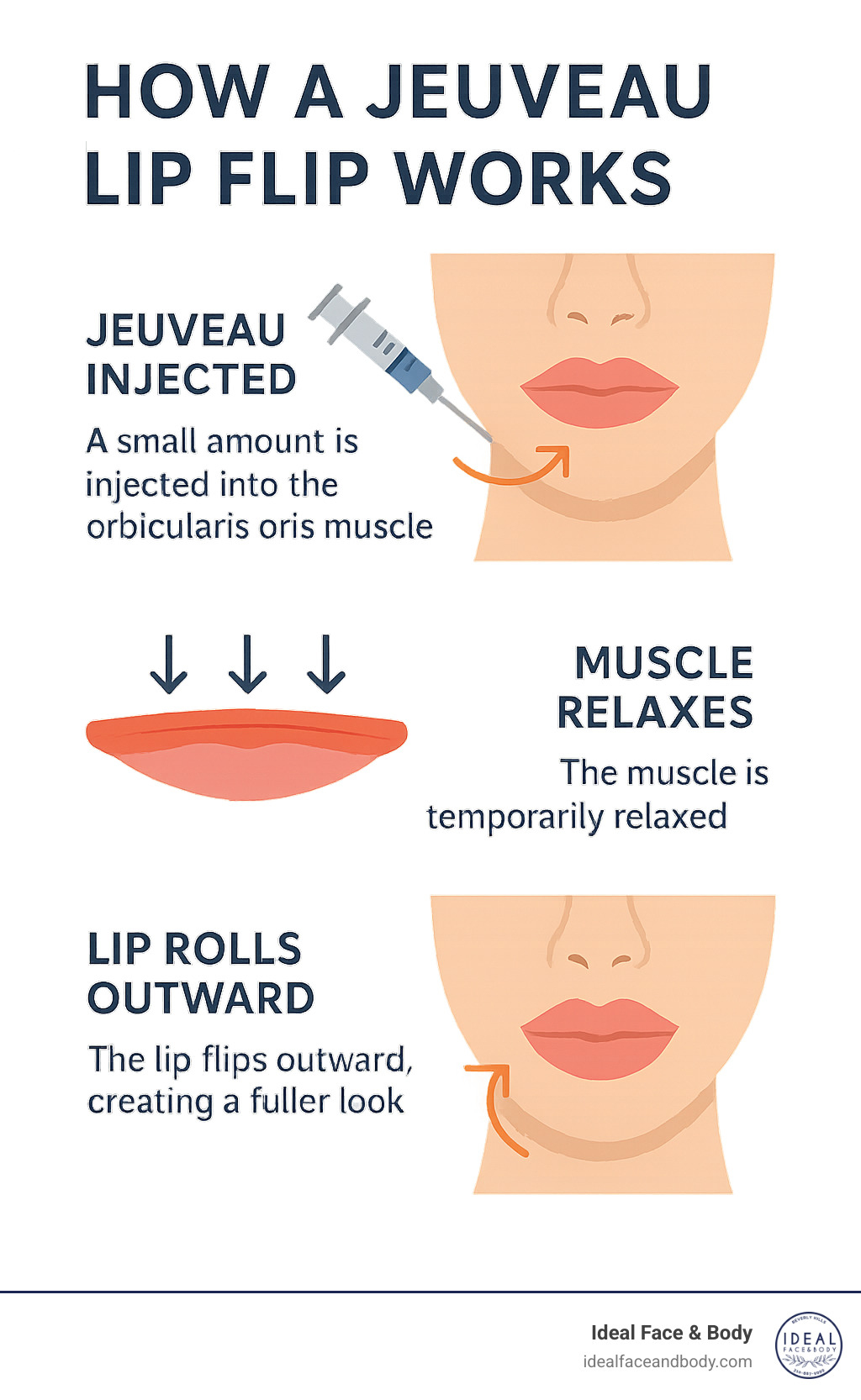Infographic explaining how a Jeuveau lip flip relaxes the muscle to roll the lip outward - jeuveau lip flip infographic 