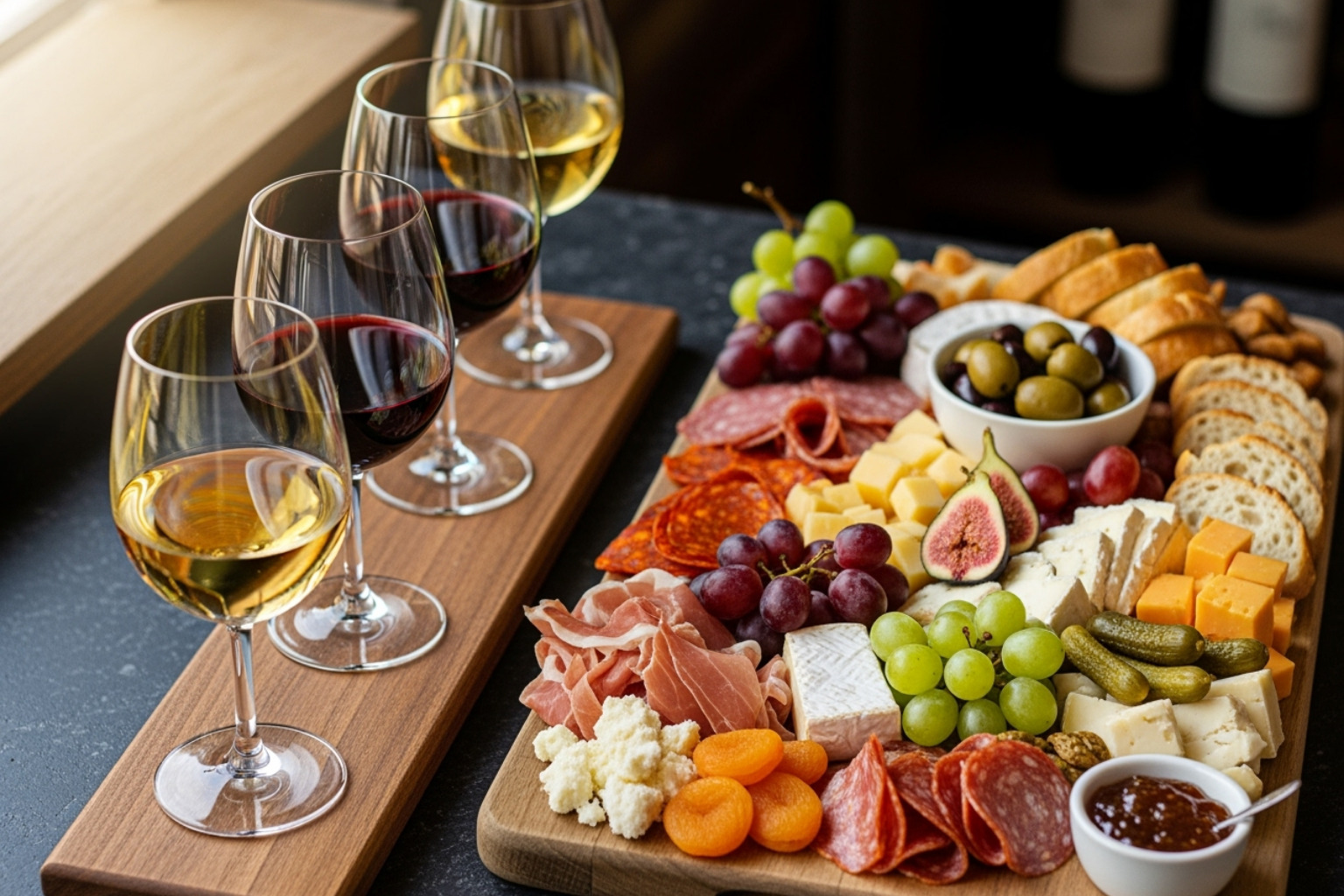 wine tasting flight with charcuterie board - wine tasting in mexico destinations