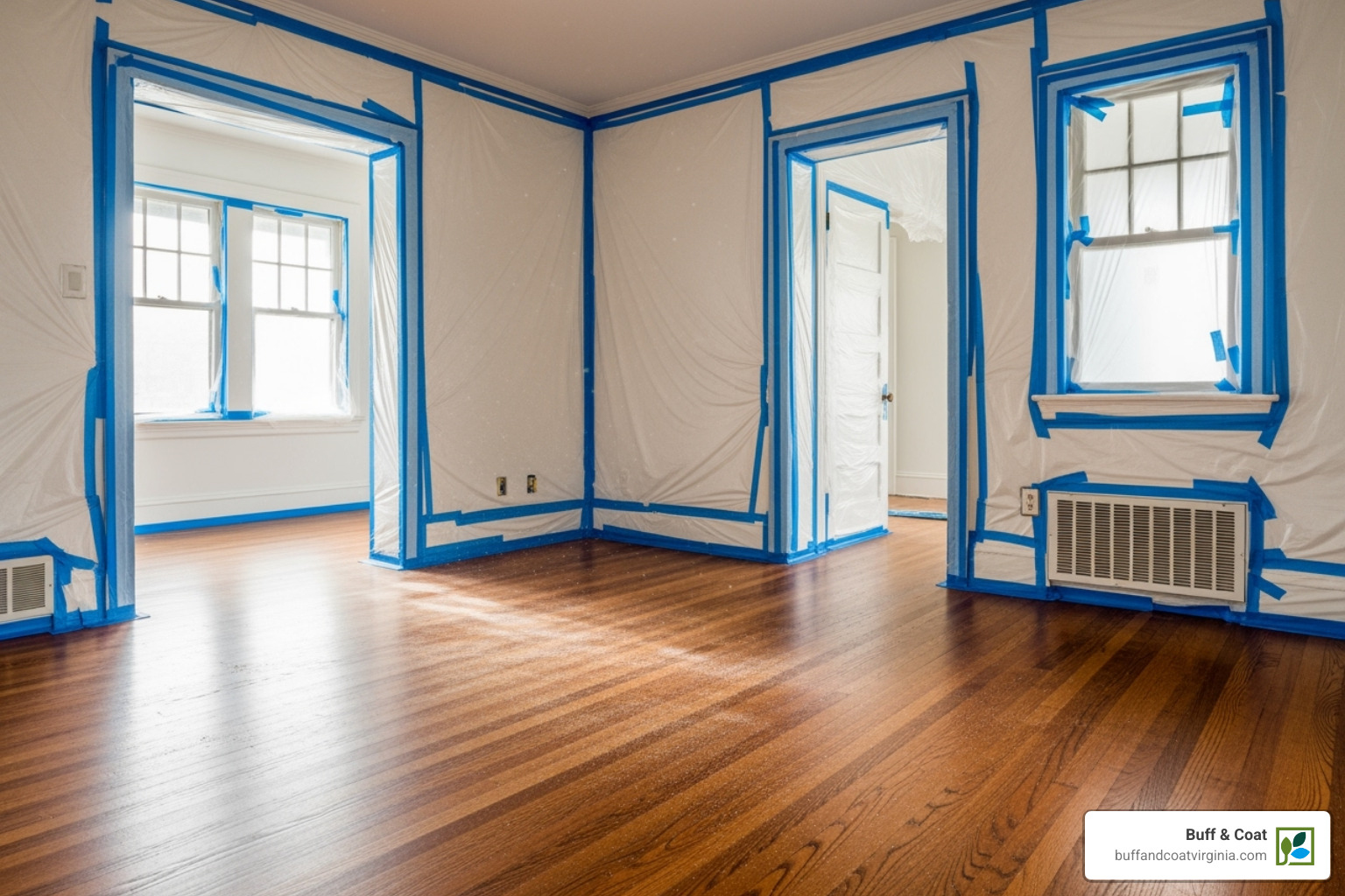 empty room prepped for sanding with plastic sheeting over doorways - floor sanding and polishing empty room prepped for sanding with plastic sheeting over doorways - floor sanding and polishing