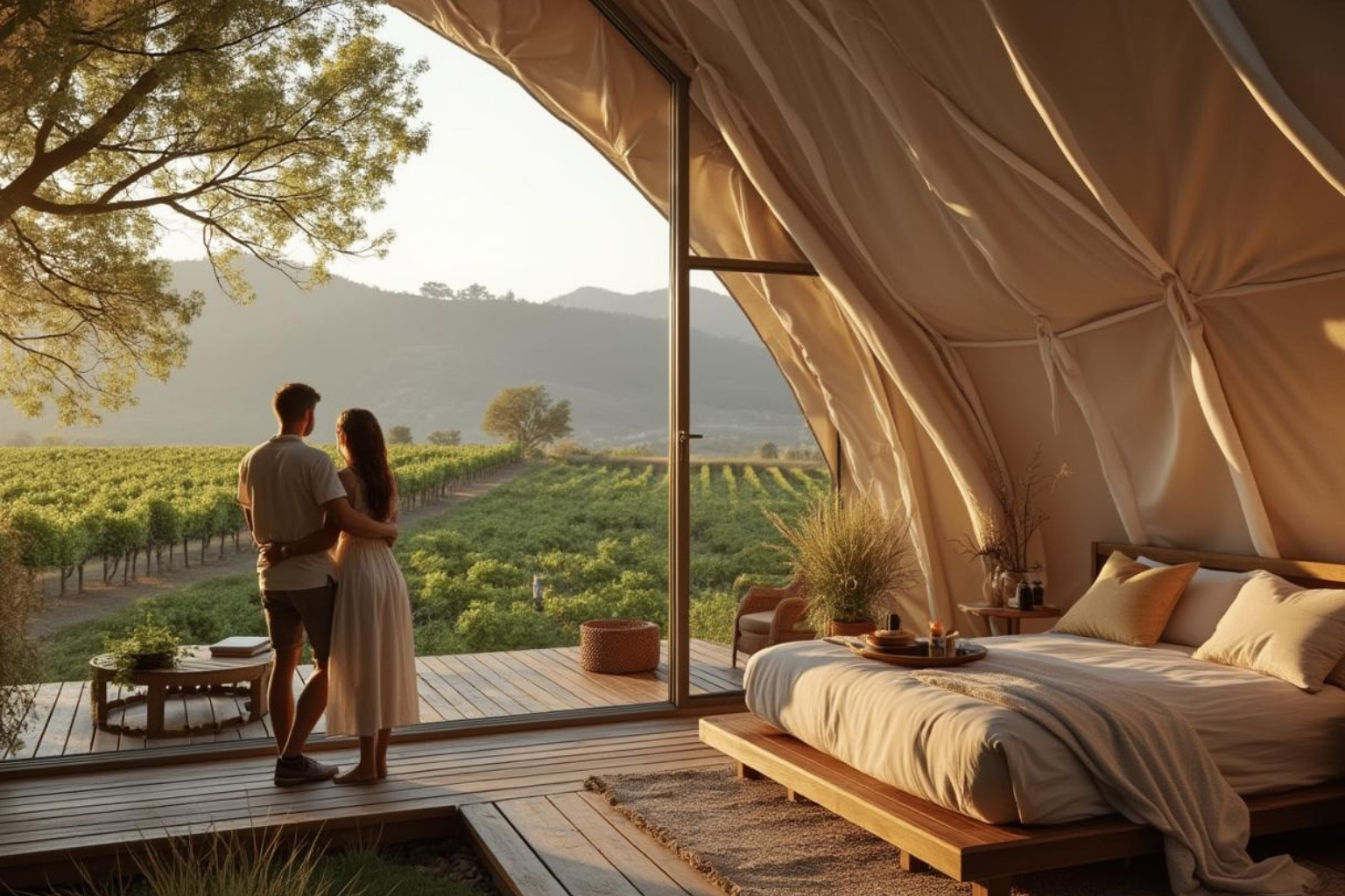 couple glamping in a modern eco-loft overlooking a vineyard - wine tasting in mexico destinations