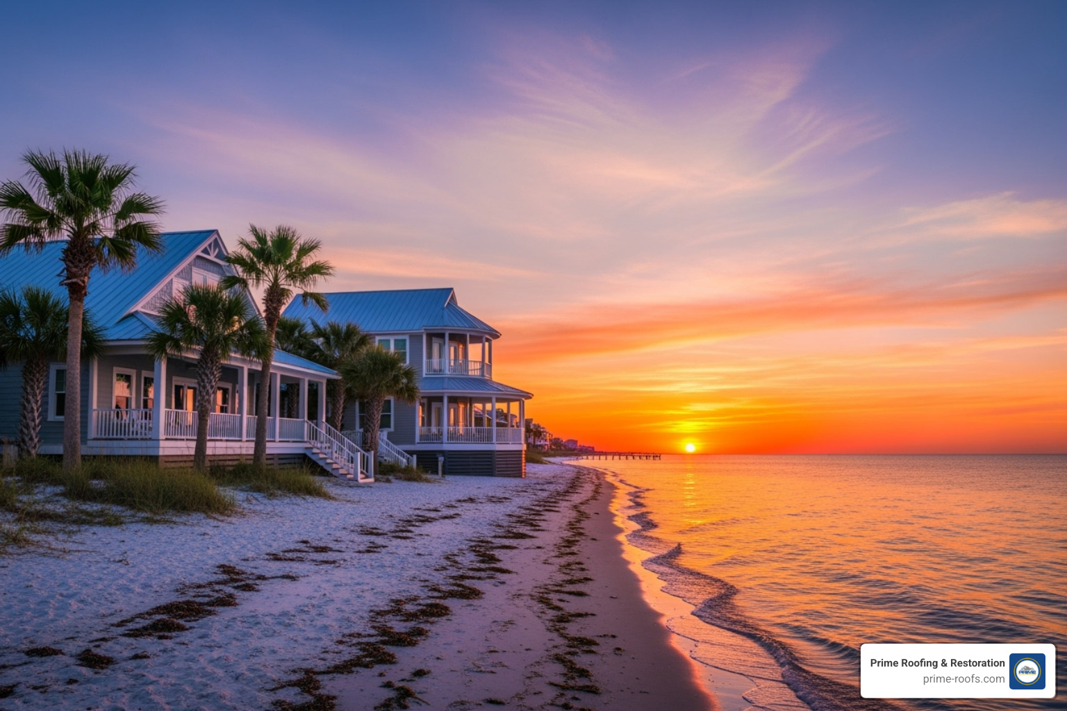 a beautiful sunset over an Orange Beach home with a durable metal roof - metal roofing orange beach al