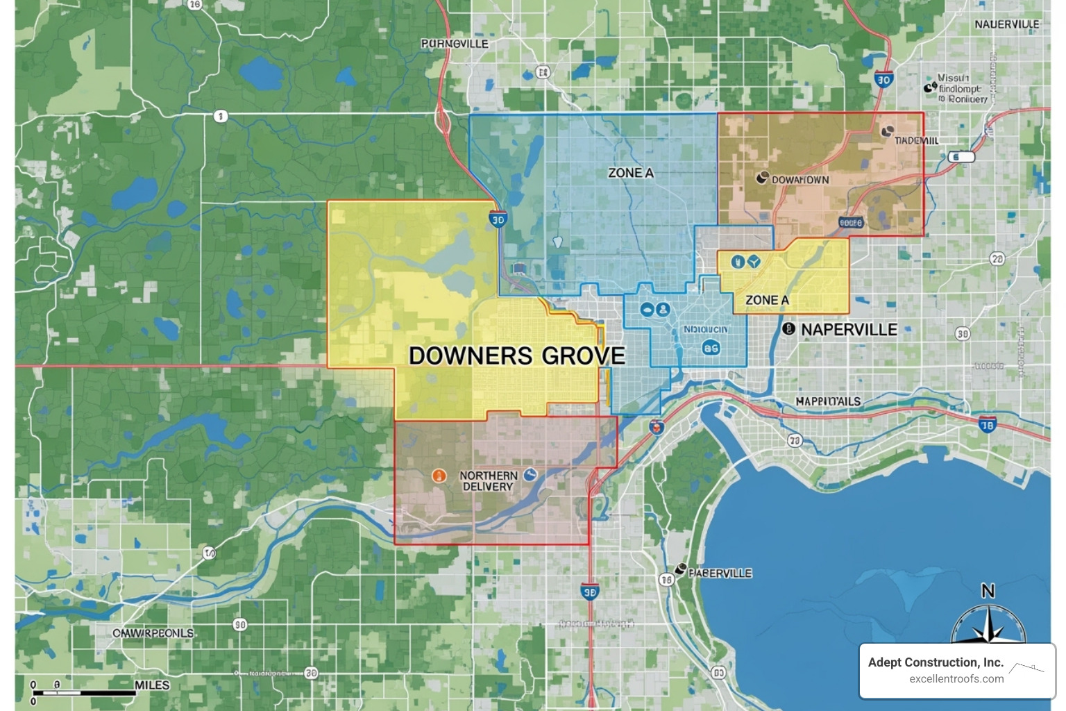 map highlighting Downers Grove and surrounding service areas like Naperville - downers grove roofing contractor map highlighting Downers Grove and surrounding service areas like Naperville - downers grove roofing contractor