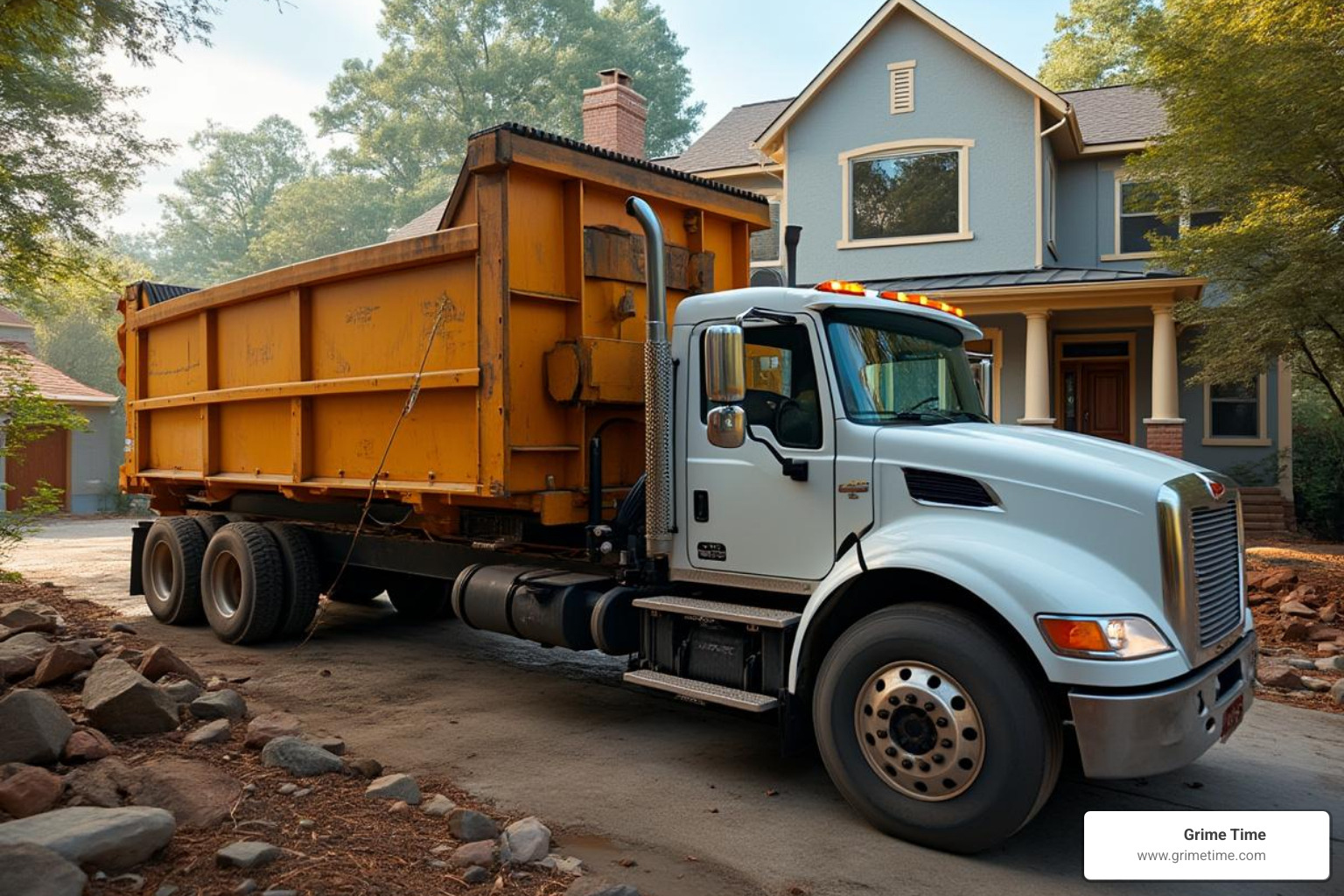 Image of a roll-off dumpster being delivered to a residential remodeling project - Construction waste dumpster rental