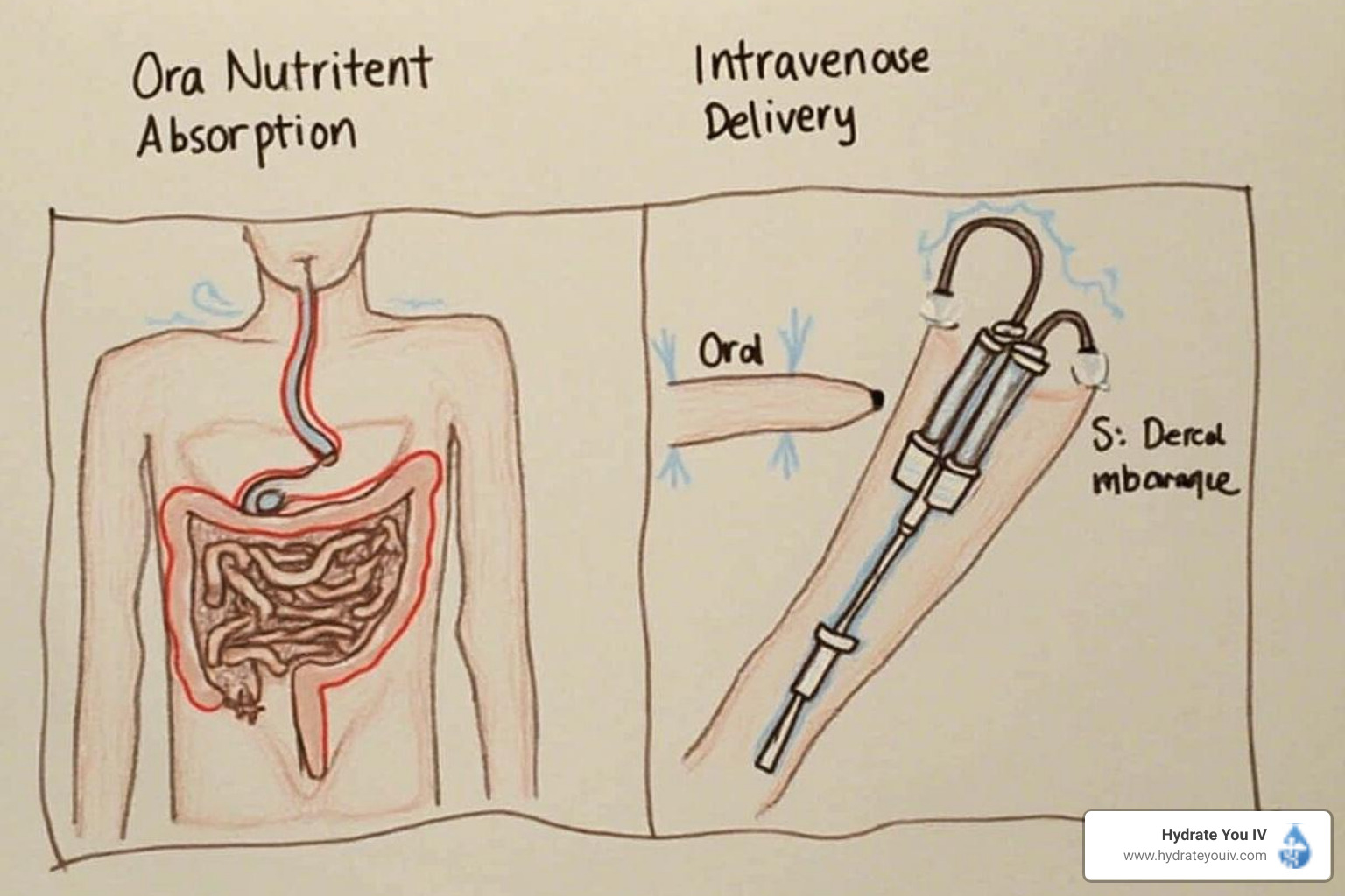 Image comparing oral vs. IV nutrient absorption pathways - iv vitamins myers cocktail