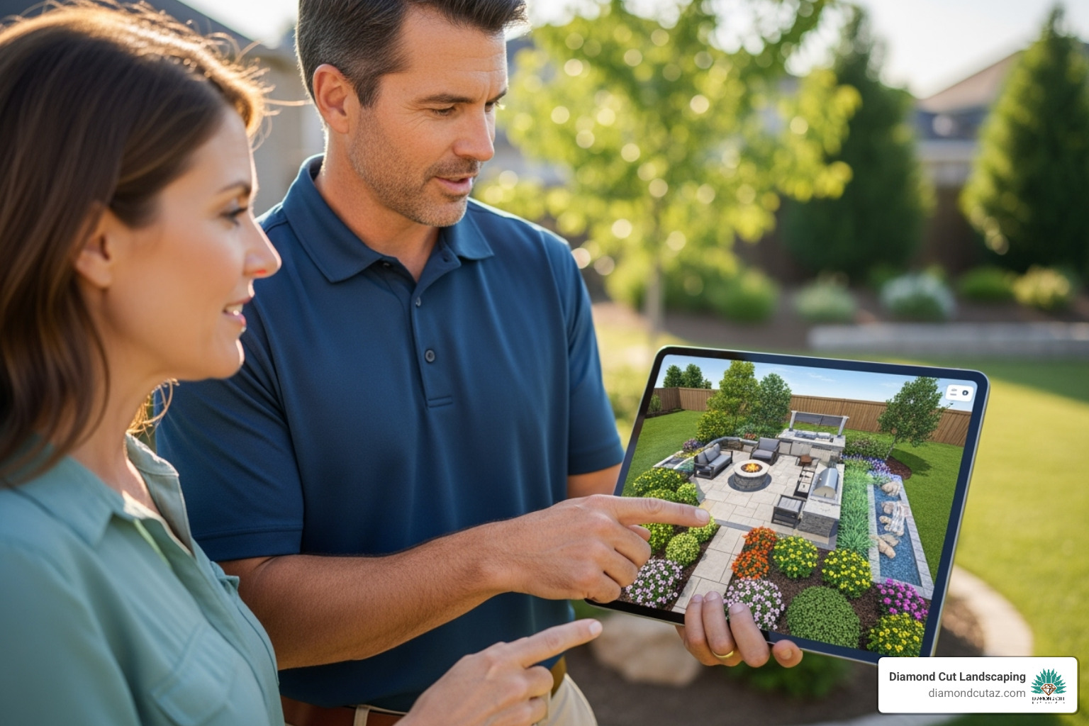 landscape designer collaborating with a homeowner over a 3D design plan - Custom outdoor living spaces