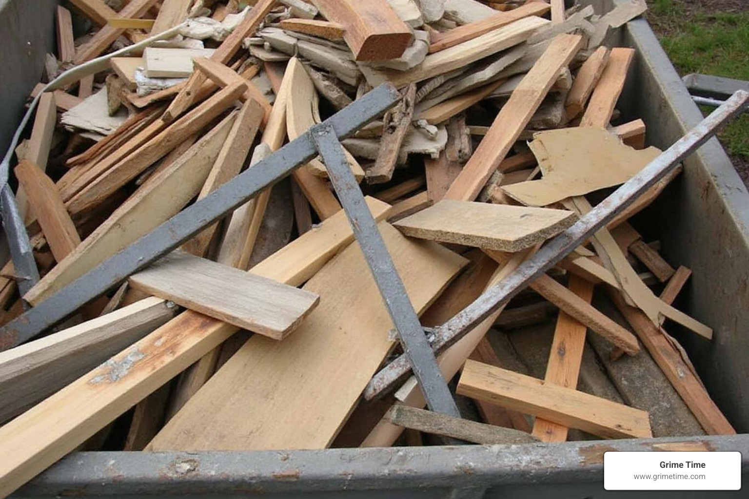Image of acceptable construction debris like wood, metal, and drywall inside a dumpster - Construction waste dumpster rental