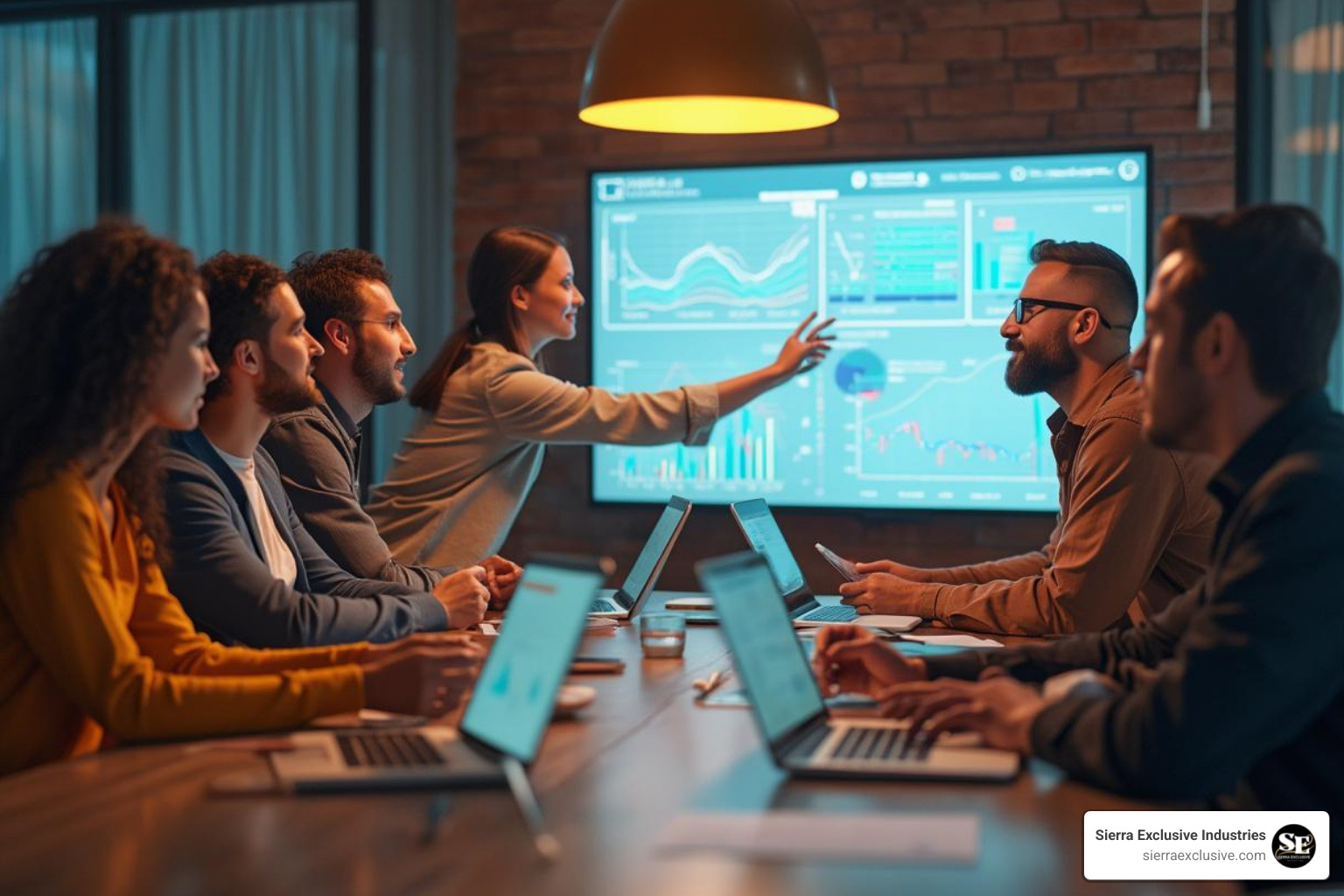 diverse team collaborating confidently around a screen showing data visualizations - marketing analytics consulting firms