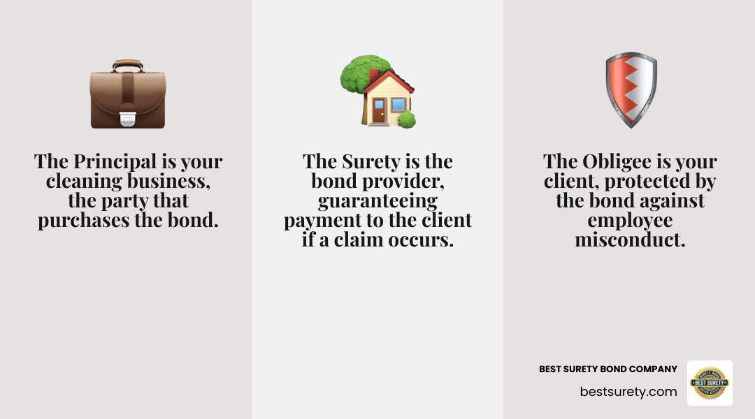 Infographic explaining the three parties in a surety bond agreement: Principal, Obligee, Surety - how to get bonded for a janitorial business infographic 3_facts_emoji_grey