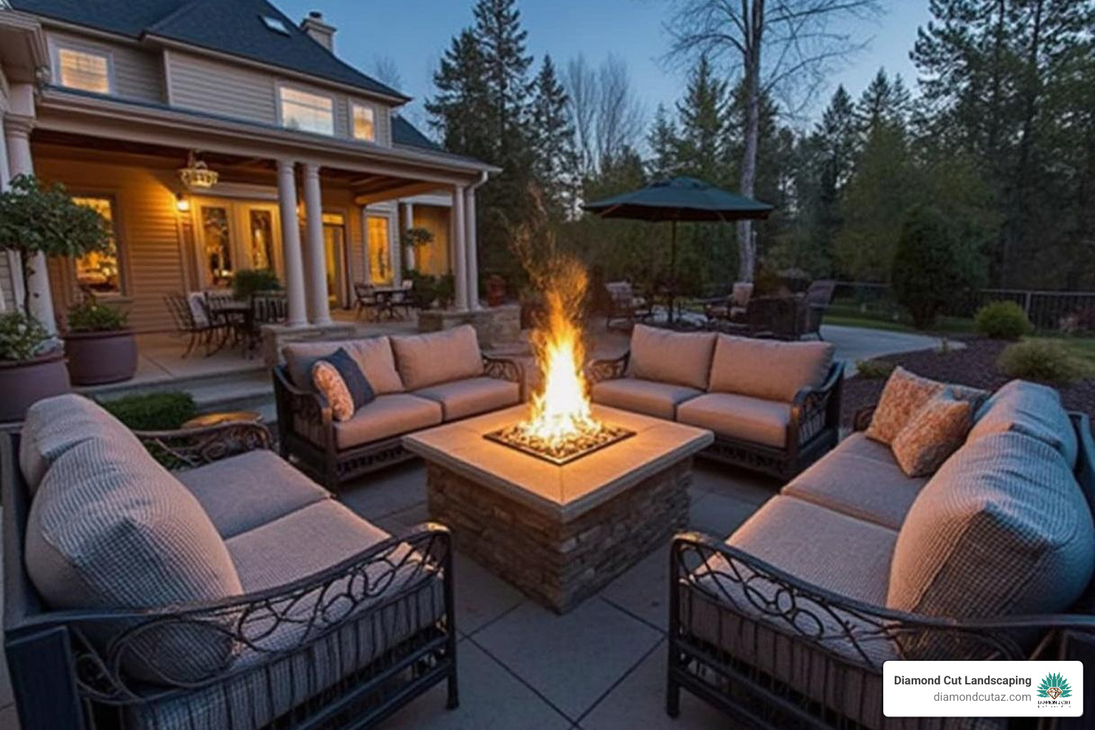 cozy outdoor living area with a fire pit and comfortable seating - Custom outdoor living spaces