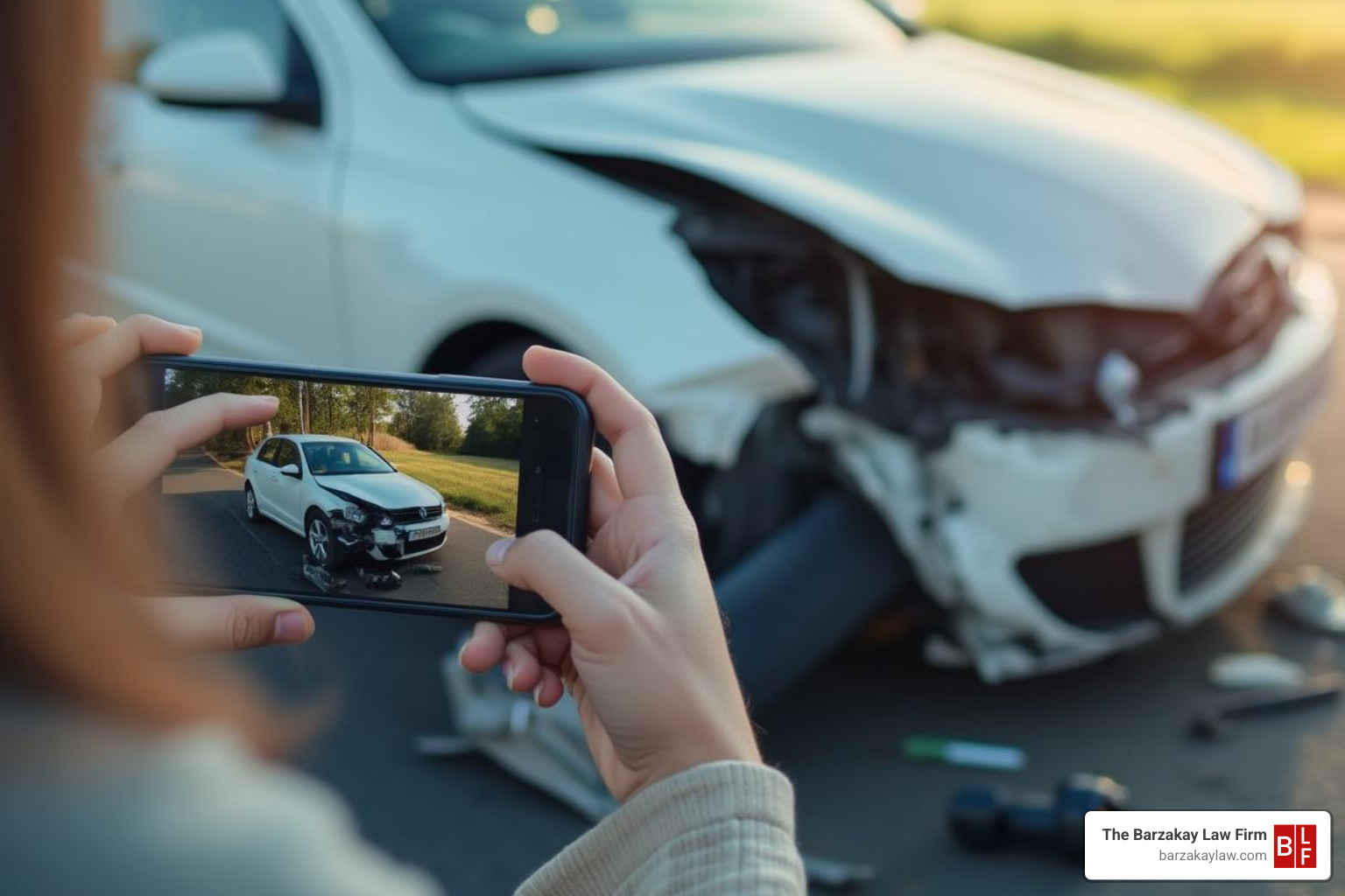 a driver taking photos of vehicle damage with a smartphone - auto accident lawyer boca raton ⭐