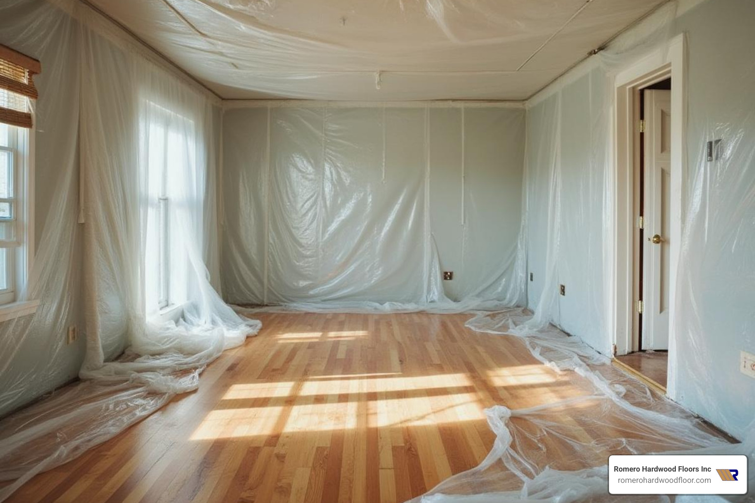 room prepped for refinishing with plastic sheeting and furniture removed - color refinishing hardwood floors