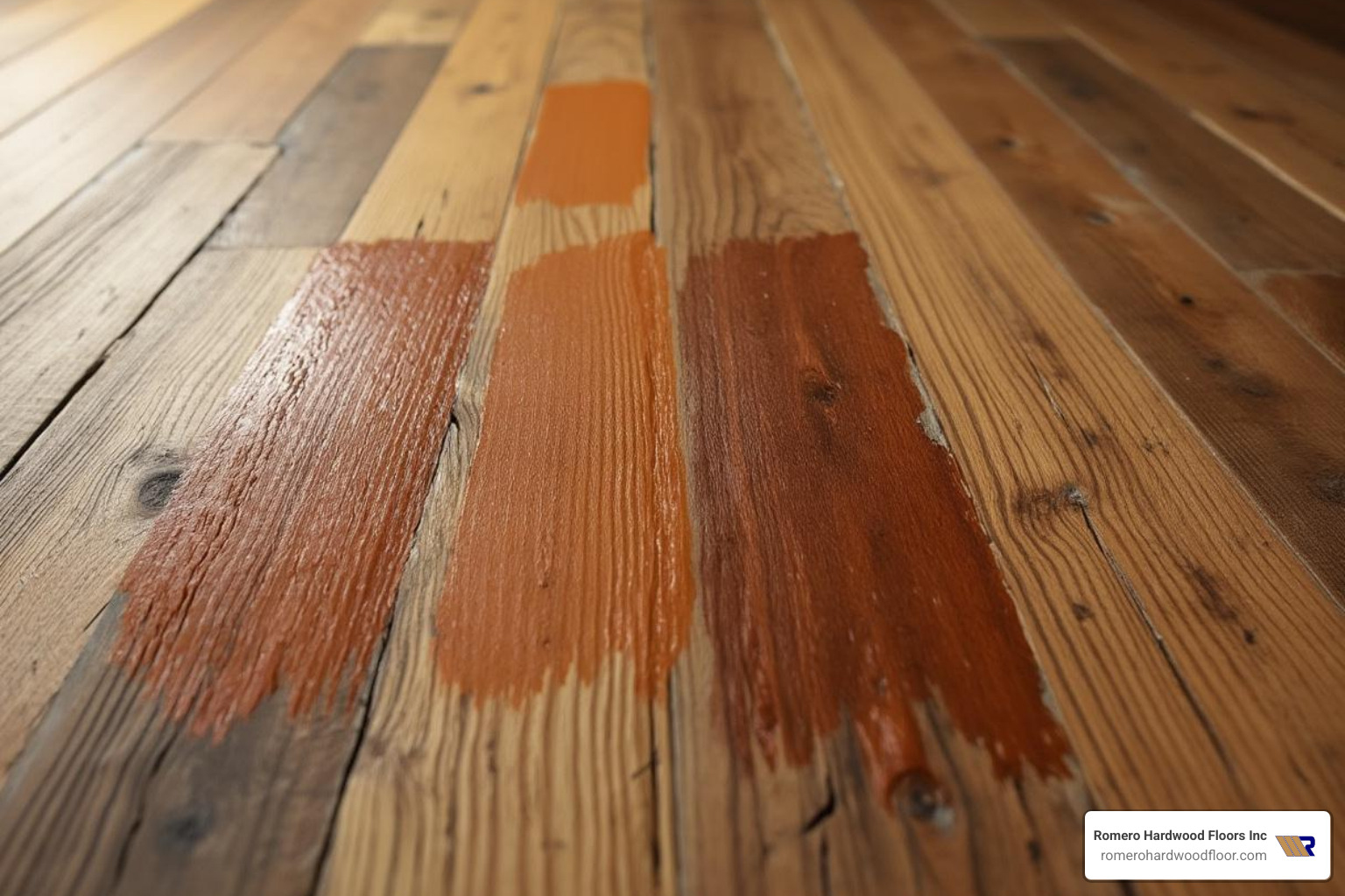 various wood stain samples applied directly onto a sanded oak floor - color refinishing hardwood floors