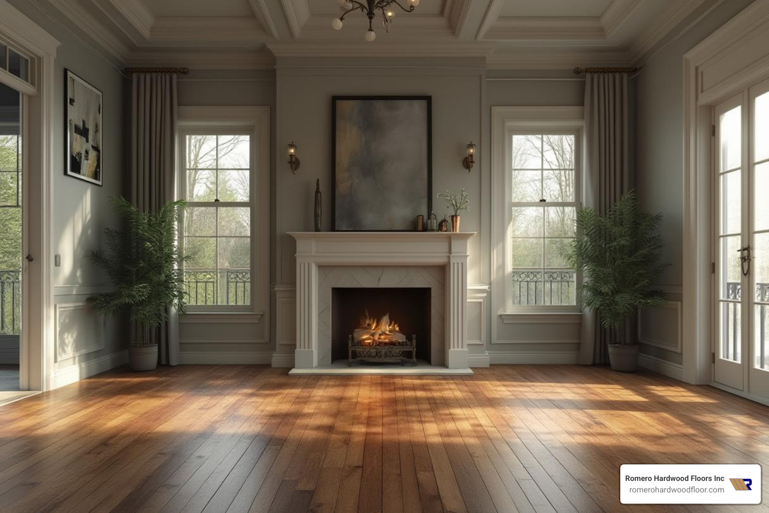 room with classic, medium-brown hardwood floors - color refinishing hardwood floors