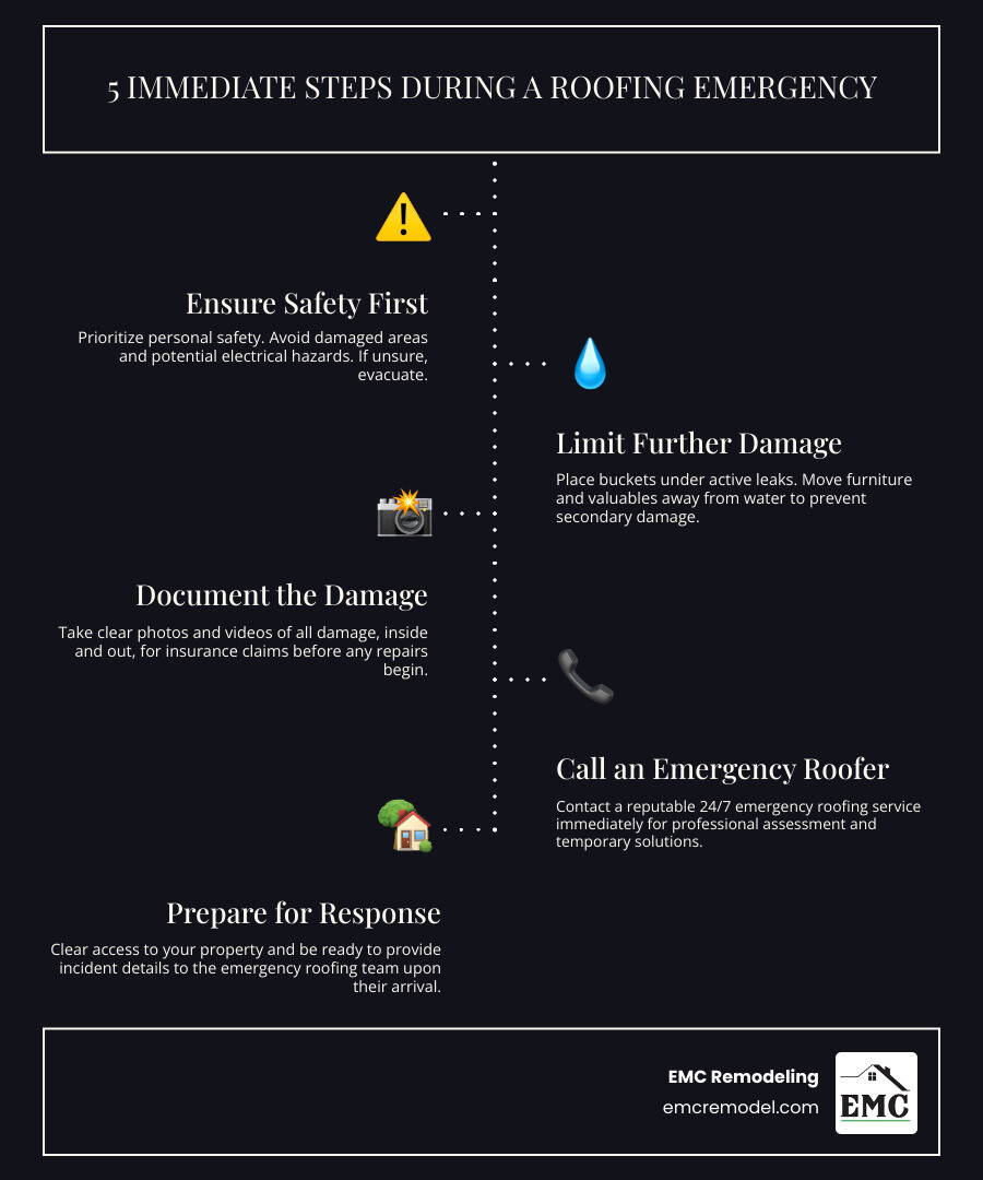 Infographic detailing immediate steps to take during a roofing emergency - emergency roofer infographic infographic-line-5-steps-dark