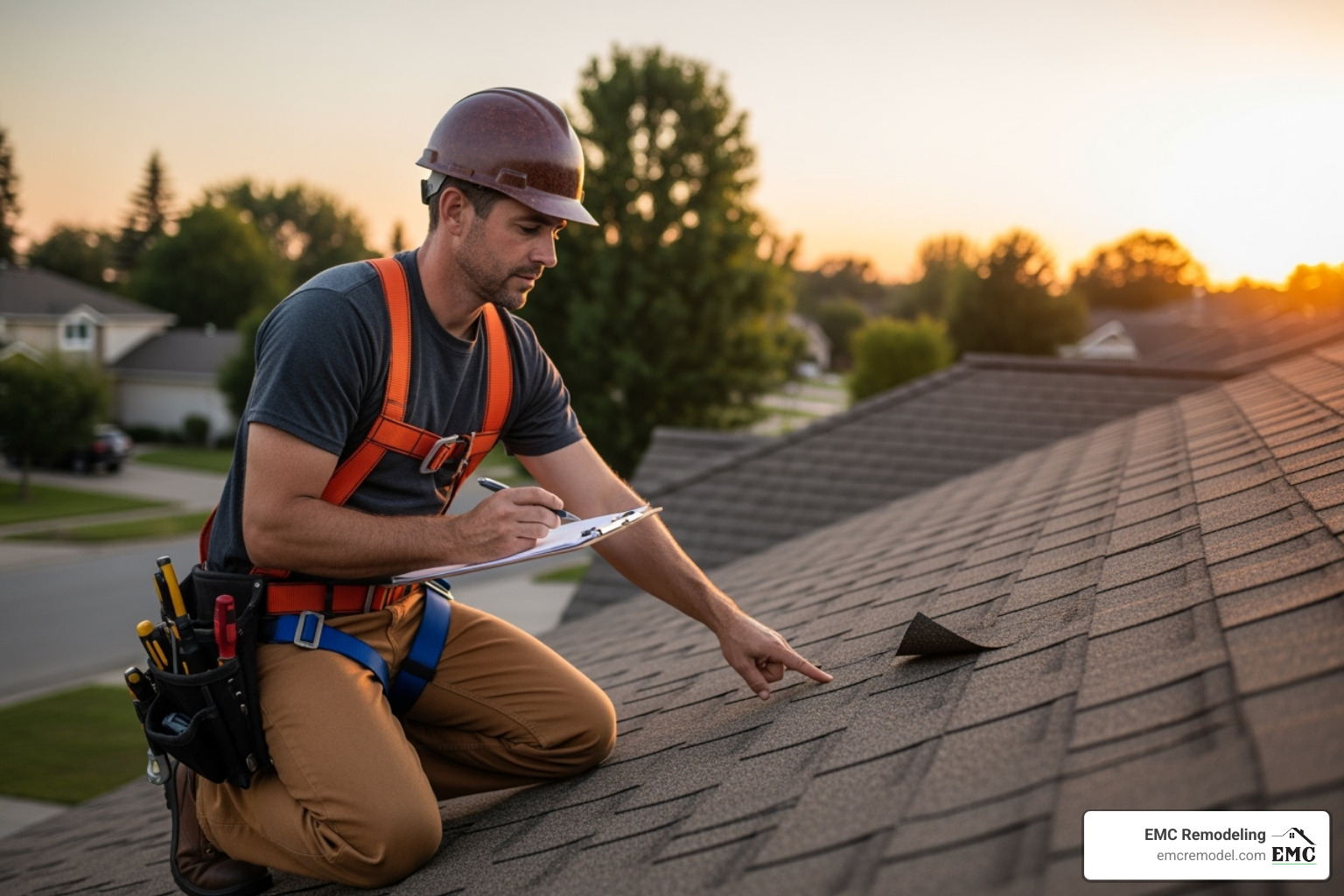 A professional roofer assessing roof damage with a clipboard - emergency roofer