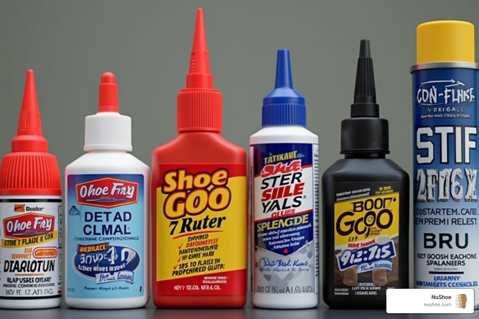 a lineup of different shoe glue products like Shoe Goo, Barge, and Boot-Fix - Shoe repair glue