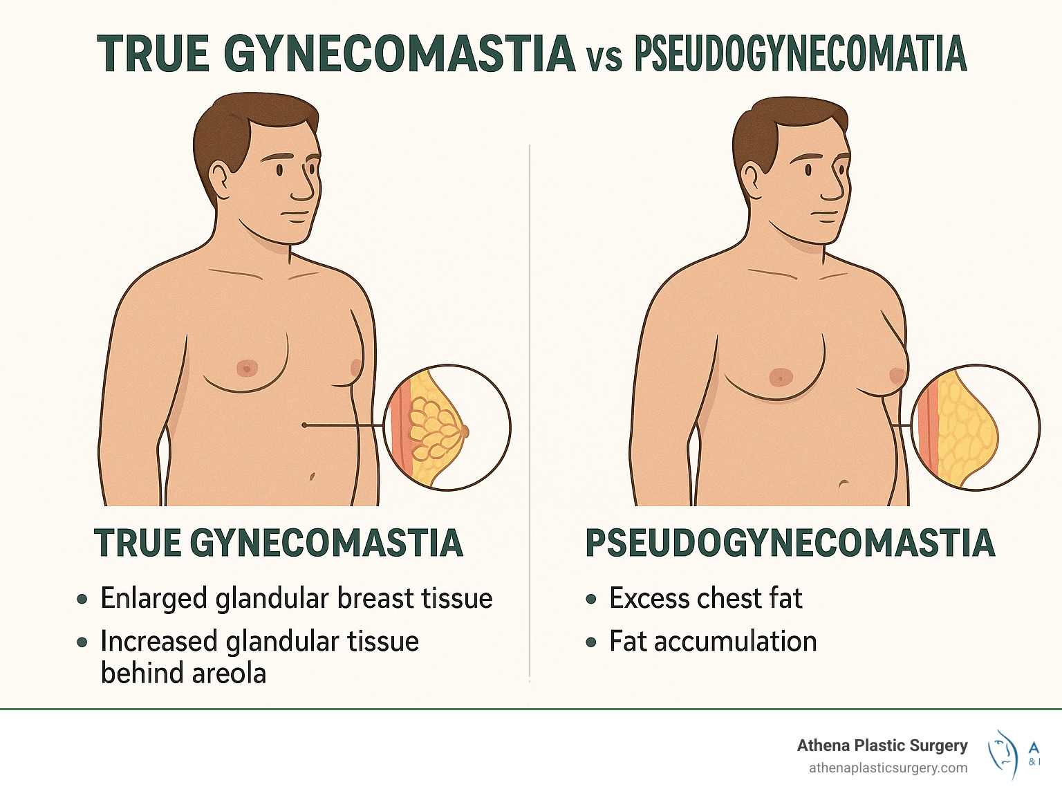 Infographic explaining the difference between true gynecomastia (enlarged glandular breast tissue in men) and pseudogynecomastia (excess chest fat that resembles enlarged breasts), with clear diagrams or illustrations for each, highlighting their distinct characteristics and underlying causes. - affordable gynecomastia surgery infographic Infographic explaining the difference between true gynecomastia (enlarged glandular breast tissue in men) and pseudogynecomastia (excess chest fat that resembles enlarged breasts), with clear diagrams or illustrations for each, highlighting their distinct characteristics and underlying causes. - affordable gynecomastia surgery infographic