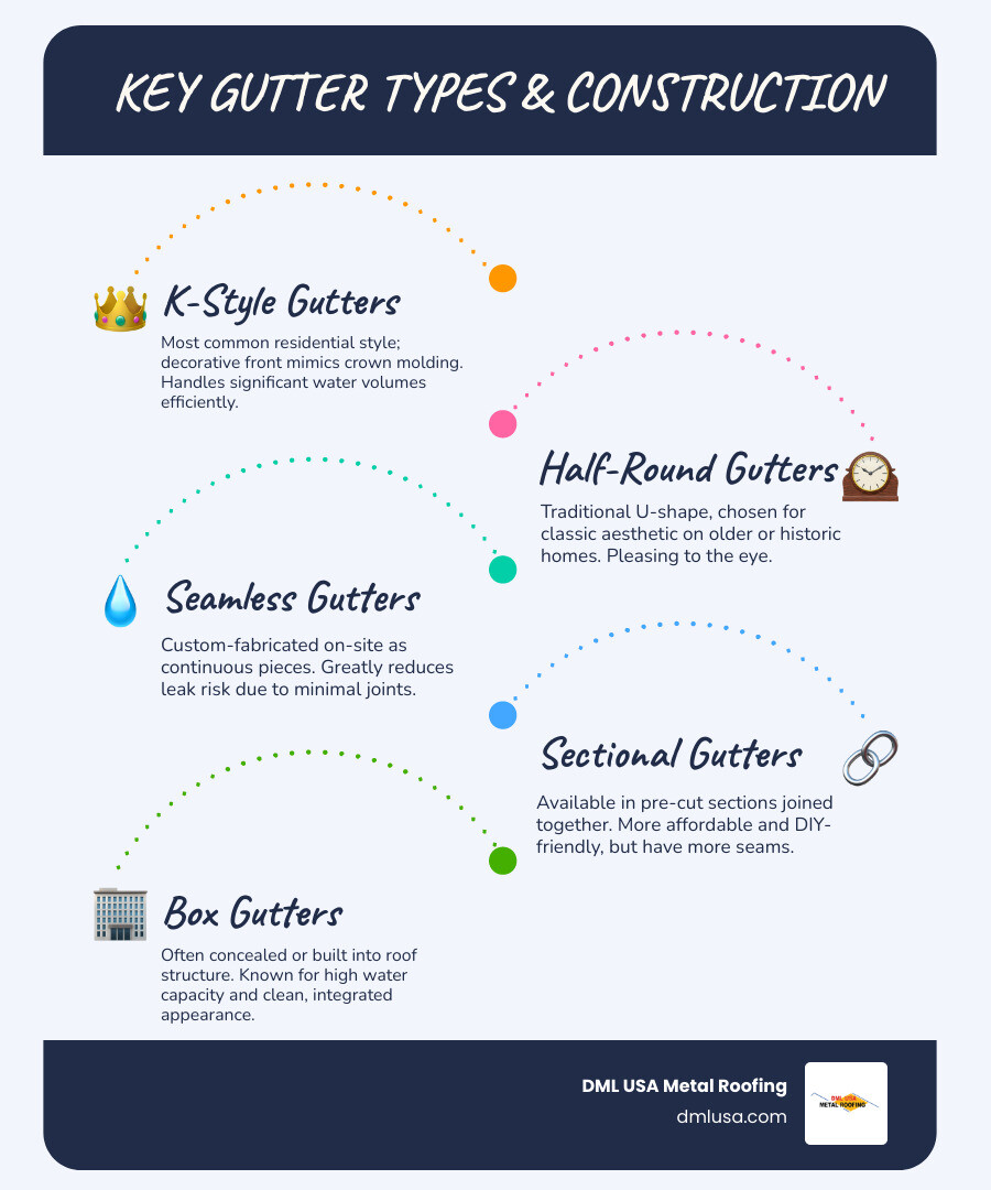 Infographic detailing various gutter types by shape and construction, including K-Style, Half-Round, Seamless, Sectional, and Box Gutters, with small icons or illustrations for each. - types of gutters infographic infographic-line-5-steps-blues-accent_colors