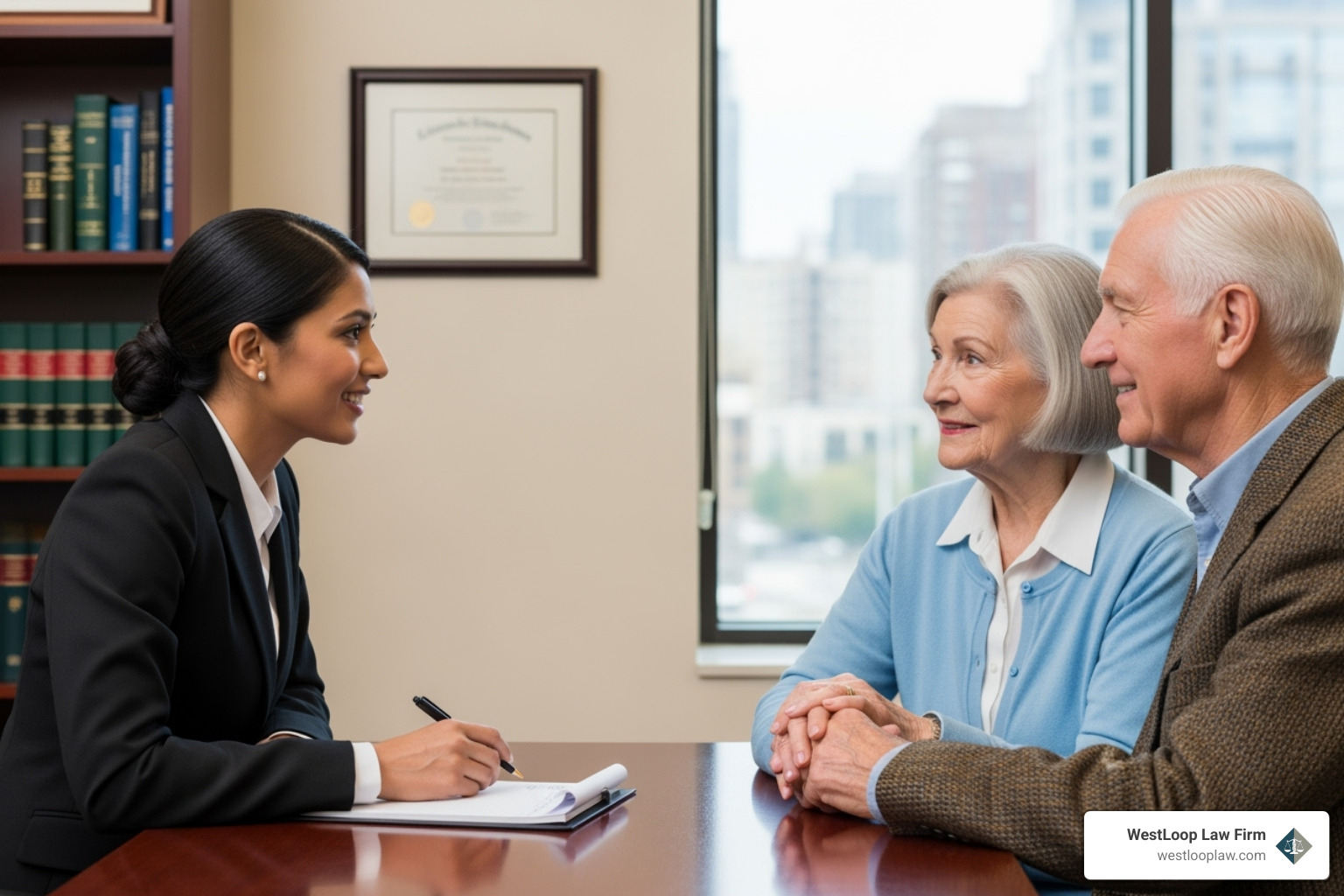 Compassionate lawyer consulting with an elderly couple - estate planning lawyer houston
