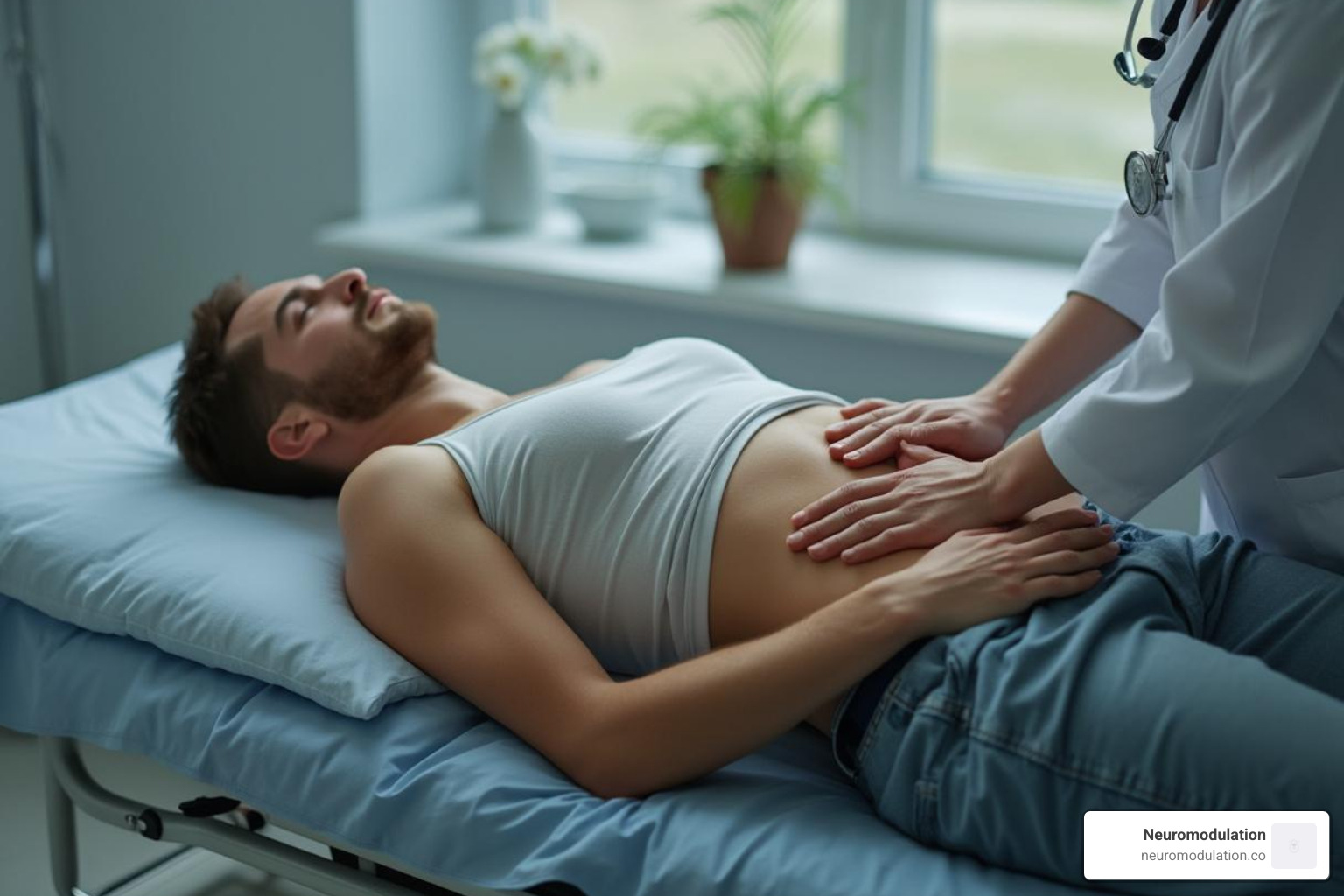 Image of a doctor performing an abdominal palpation - abdominal pain management algorithm Image of a doctor performing an abdominal palpation - abdominal pain management algorithm