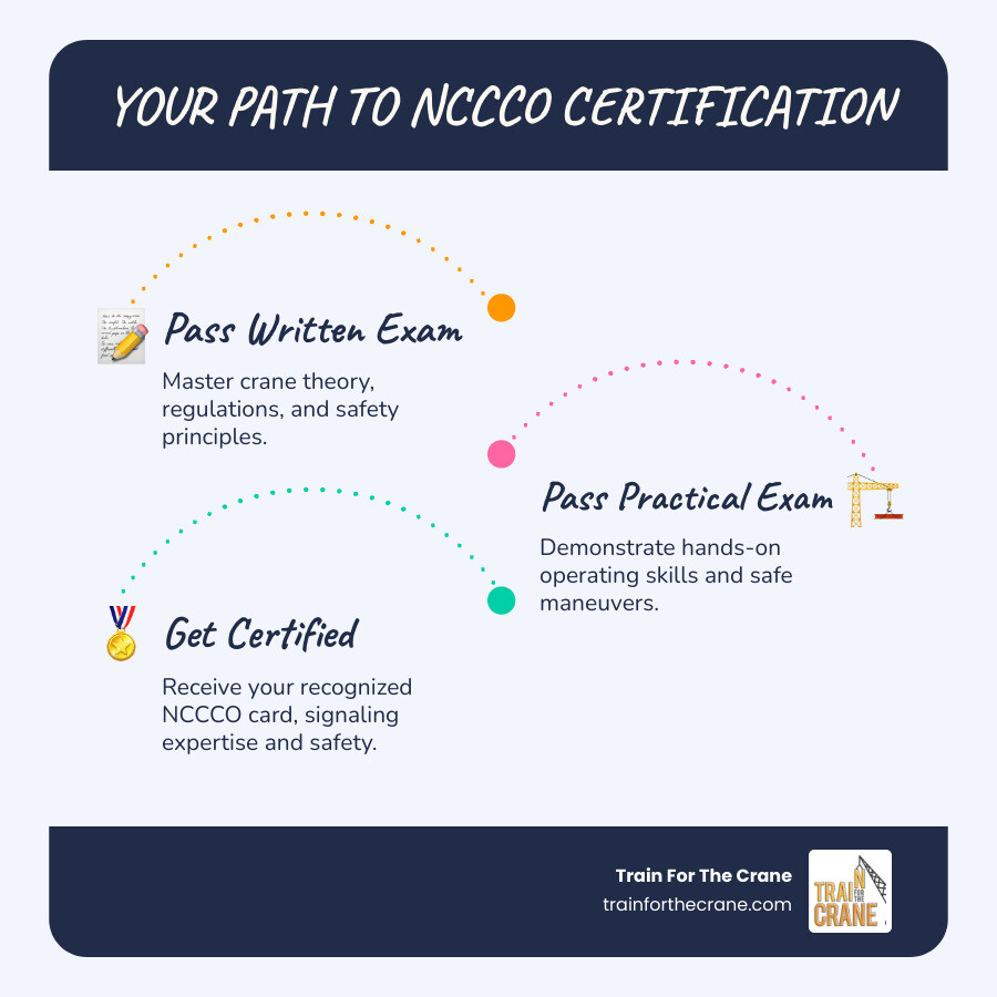 Infographic detailing the three key steps to achieving NCCCO certification: Step 1: Pass the Written Exam, Step 2: Pass the Practical Exam, Step 3: Receive Your Certification Card and Become a Certified Crane Operator. - nccco practical test infographic infographic-line-3-steps-blues-accent_colors Infographic detailing the three key steps to achieving NCCCO certification: Step 1: Pass the Written Exam, Step 2: Pass the Practical Exam, Step 3: Receive Your Certification Card and Become a Certified Crane Operator. - nccco practical test infographic infographic-line-3-steps-blues-accent_colors