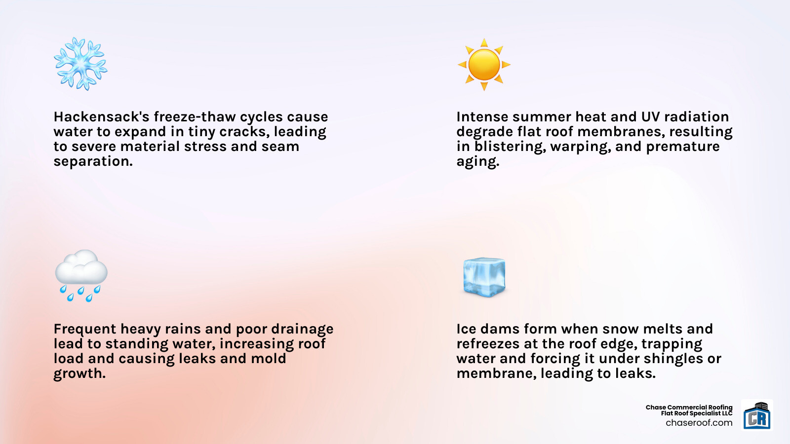 Infographic detailing how Hackensack's four-season climate impacts a flat roof over time, showing effects of temperature swings, heavy rain, humidity, and ice dams - flat roof repair Hackensack infographic 4_facts_emoji_light-gradient