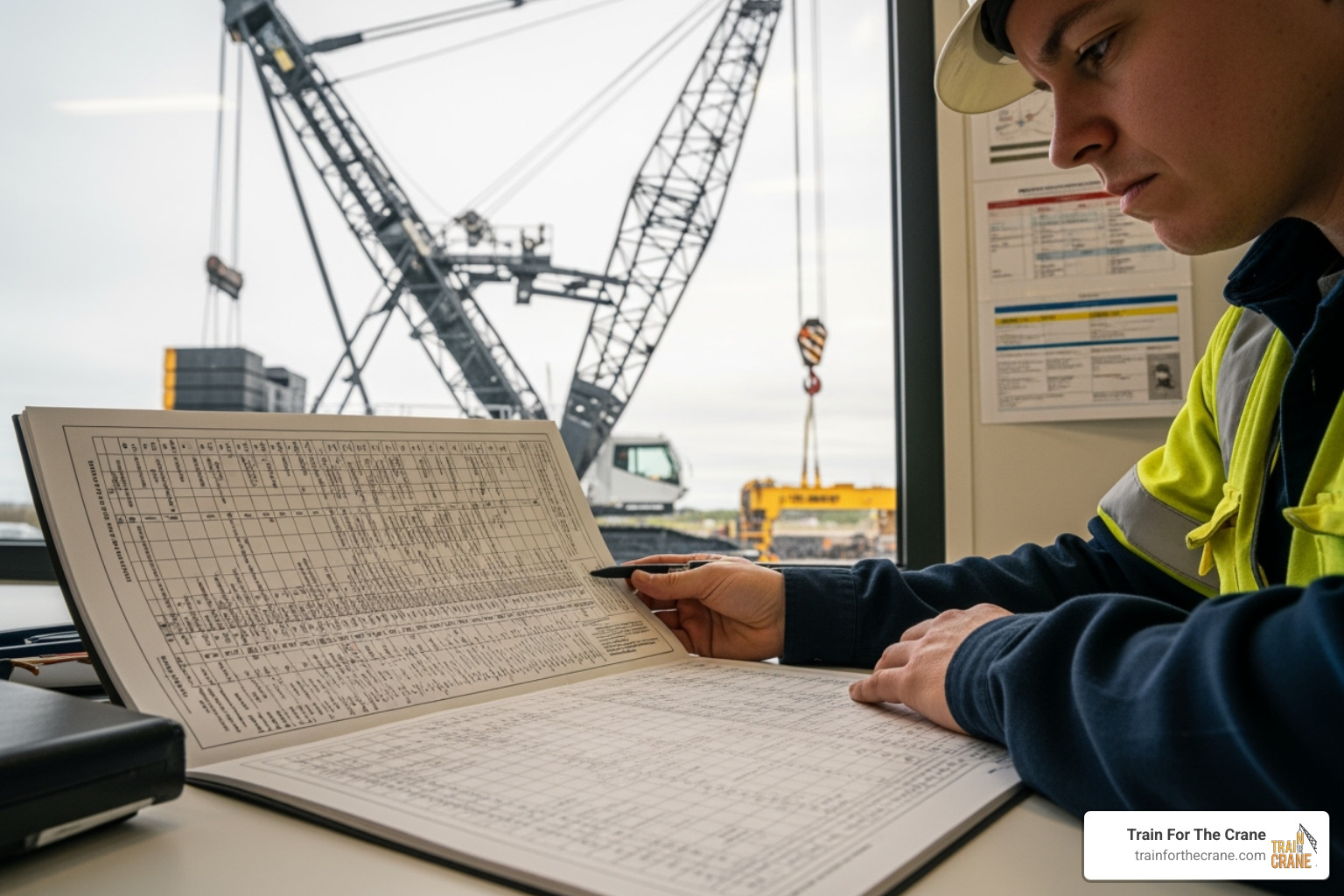 candidate reviewing a crane load chart - Industrial crane operator candidate reviewing a crane load chart - Industrial crane operator