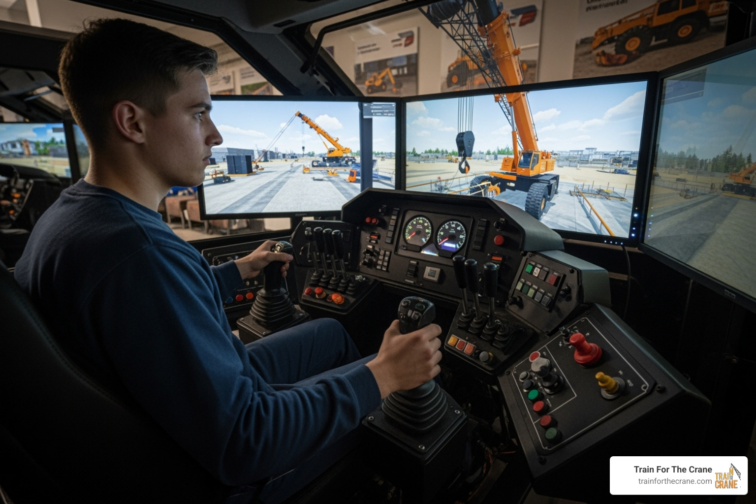 student operating a crane simulator - Industrial crane operator student operating a crane simulator - Industrial crane operator