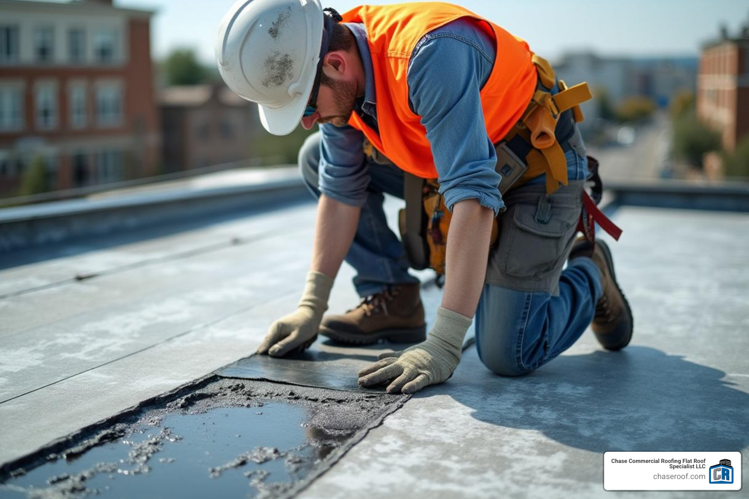 Roofer applying a patch to a flat roof - flat roof repair Hackensack