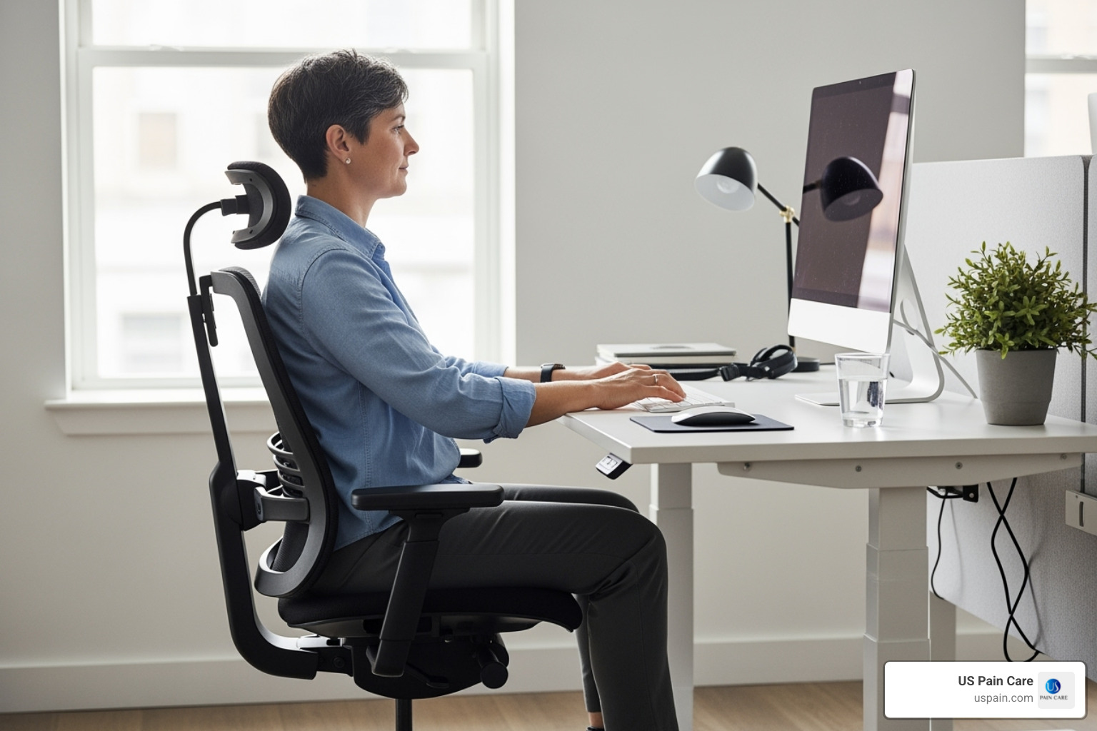 A person demonstrating correct posture at a desk - cervical disc herniation