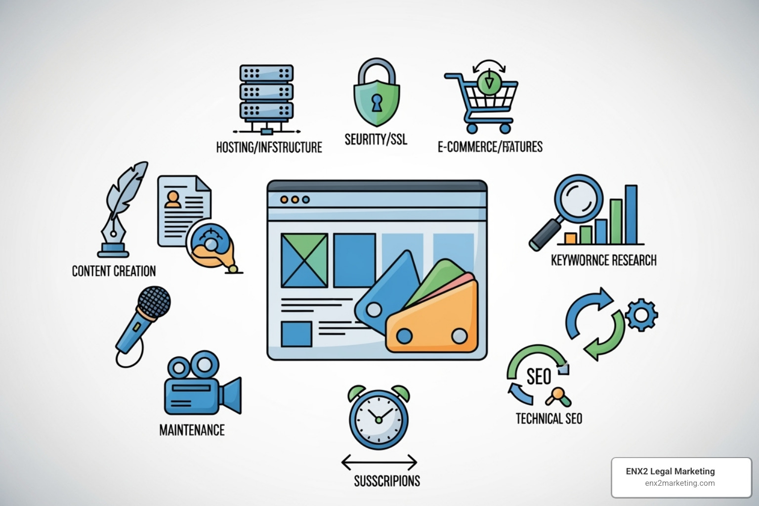 Icons representing website design, content, SEO, and advanced features, illustrating the key factors influencing website cost. - how much are attorney websites