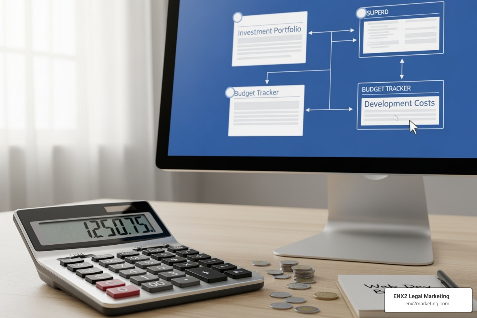 A calculator next to a computer screen showing a website wireframe, symbolizing the budgeting and investment aspects of website development. - how much are attorney websites